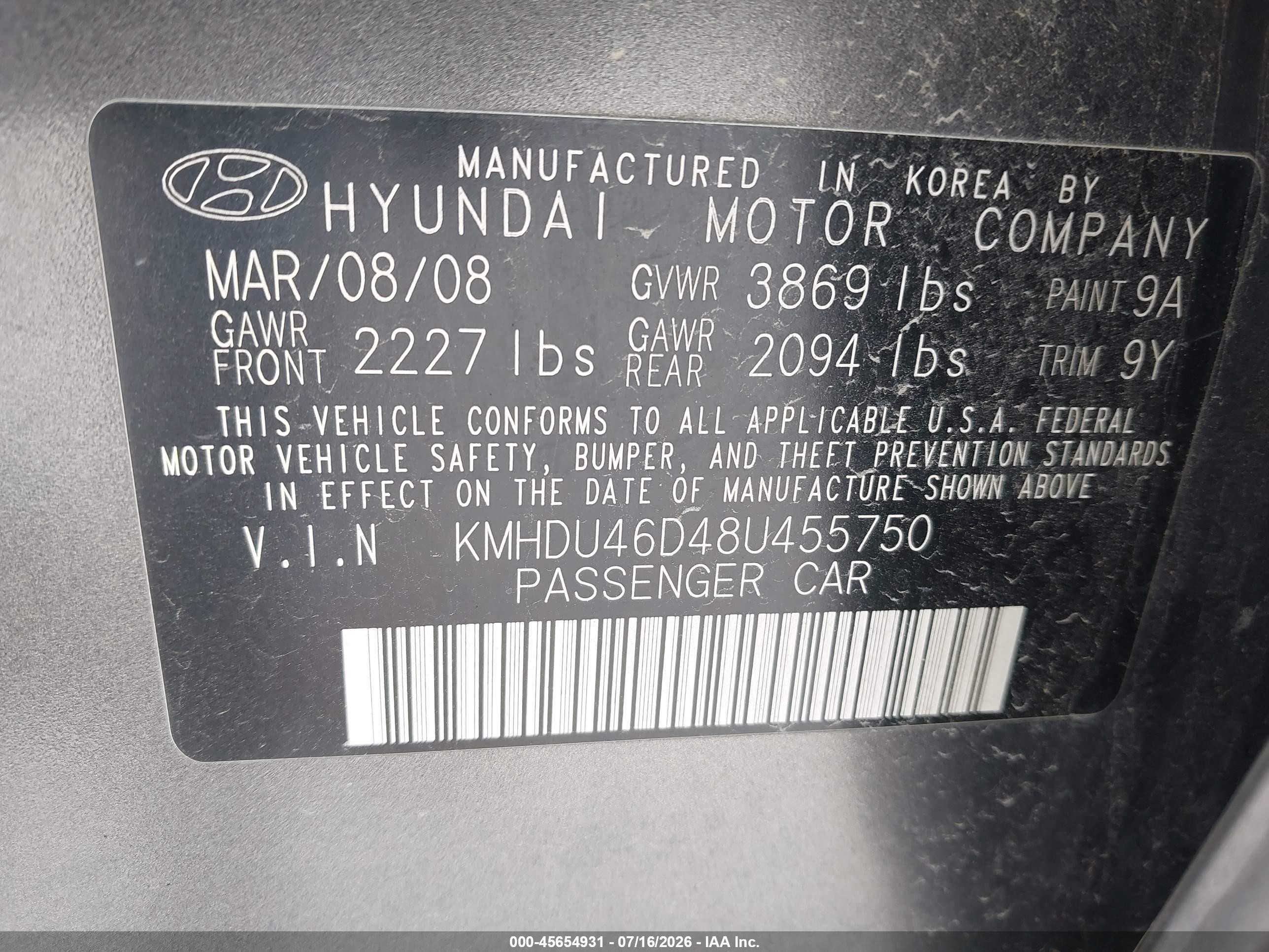 2008 Hyundai Elantra Gls/se Gray vin: KMHDU46D48U455750