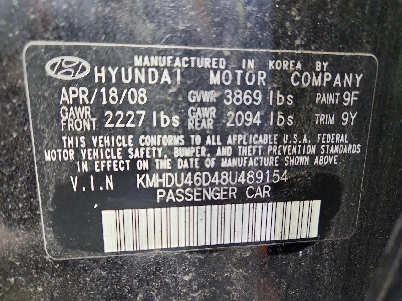 2008 Hyundai Elantra Gls Black vin: KMHDU46D48U489154