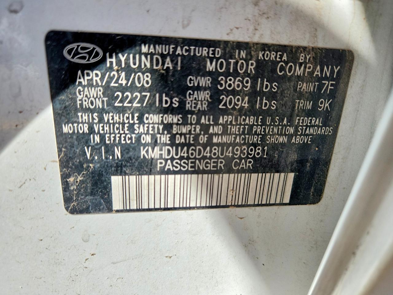 2008 Hyundai Elantra Gls White vin: KMHDU46D48U493981