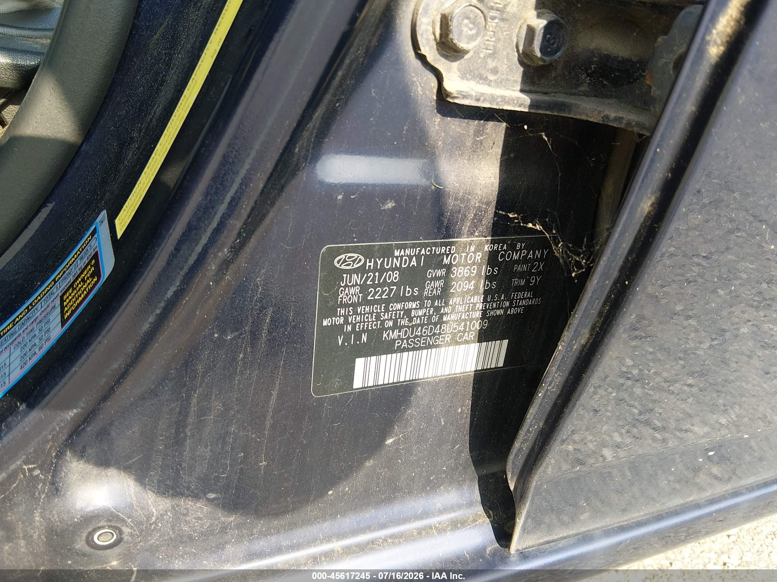 2008 Hyundai Elantra Gls/se Blue vin: KMHDU46D48U541009