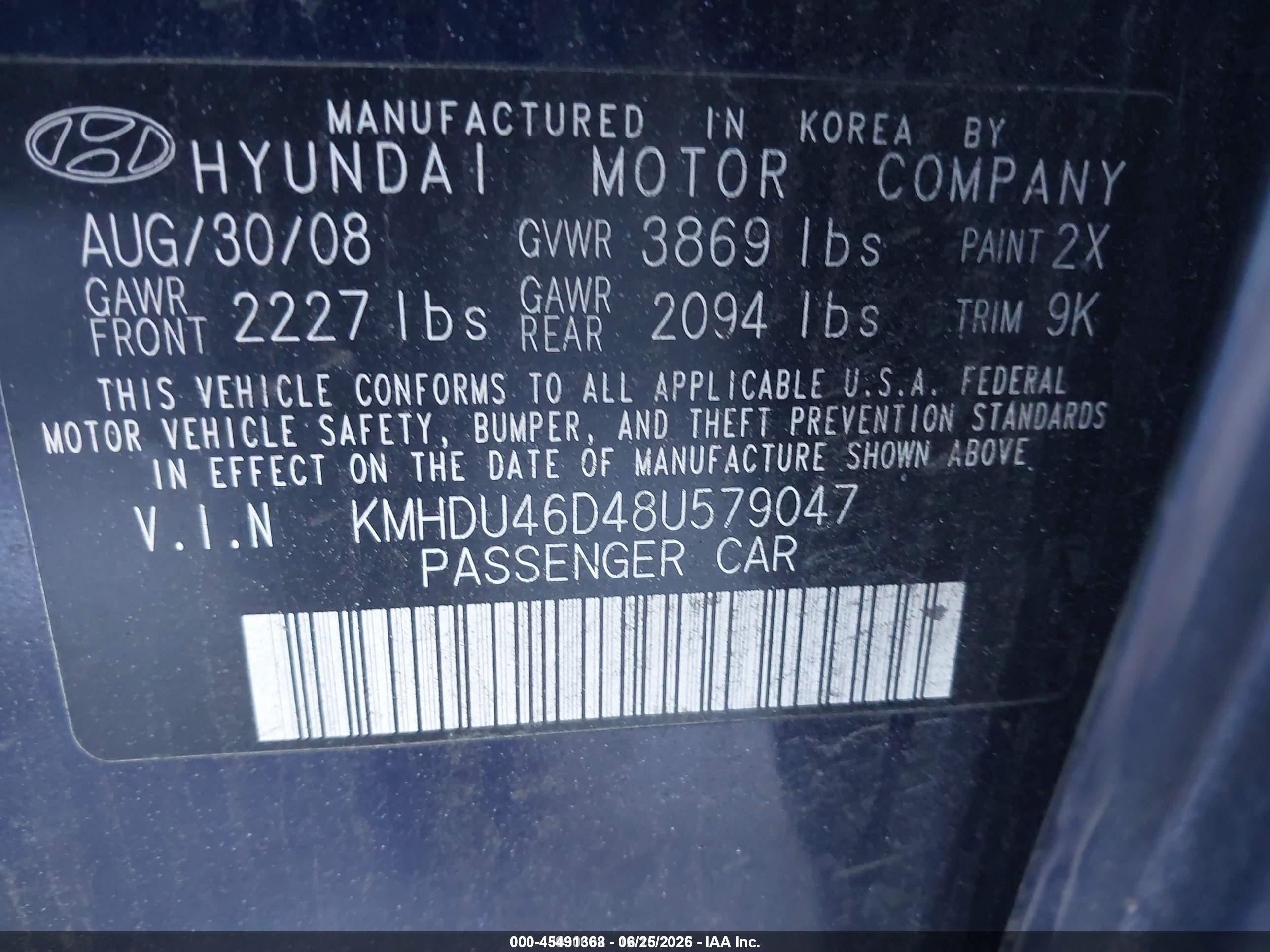 2008 Hyundai Elantra Gls/se Blue vin: KMHDU46D48U579047