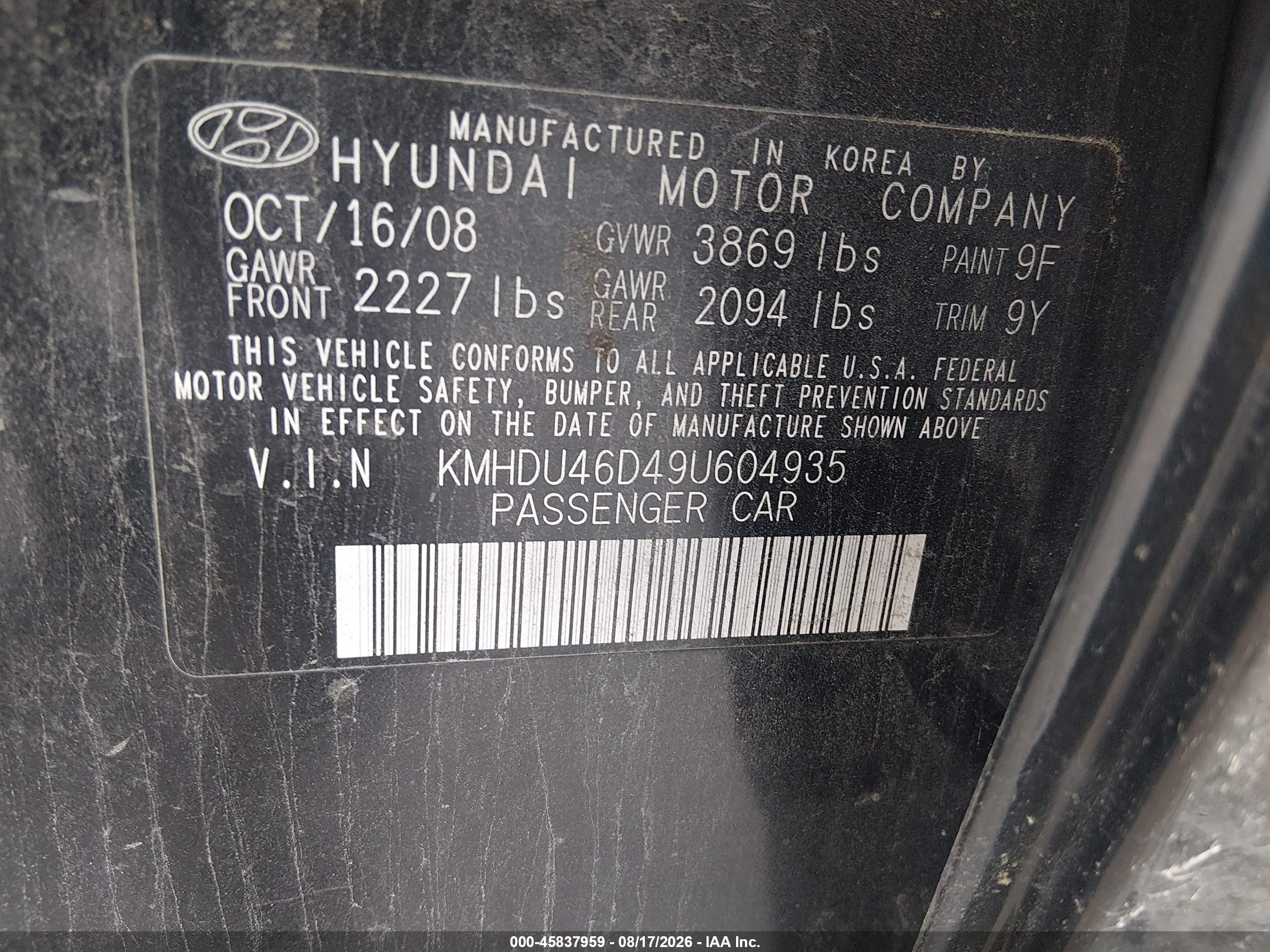 2009 Hyundai Elantra Se Black vin: KMHDU46D49U604935