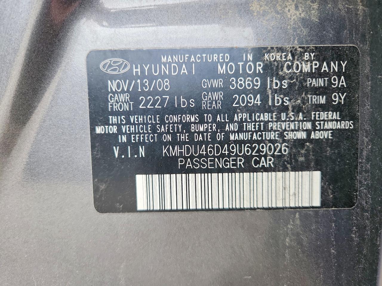 2009 Hyundai Elantra Se Gray vin: KMHDU46D49U629026