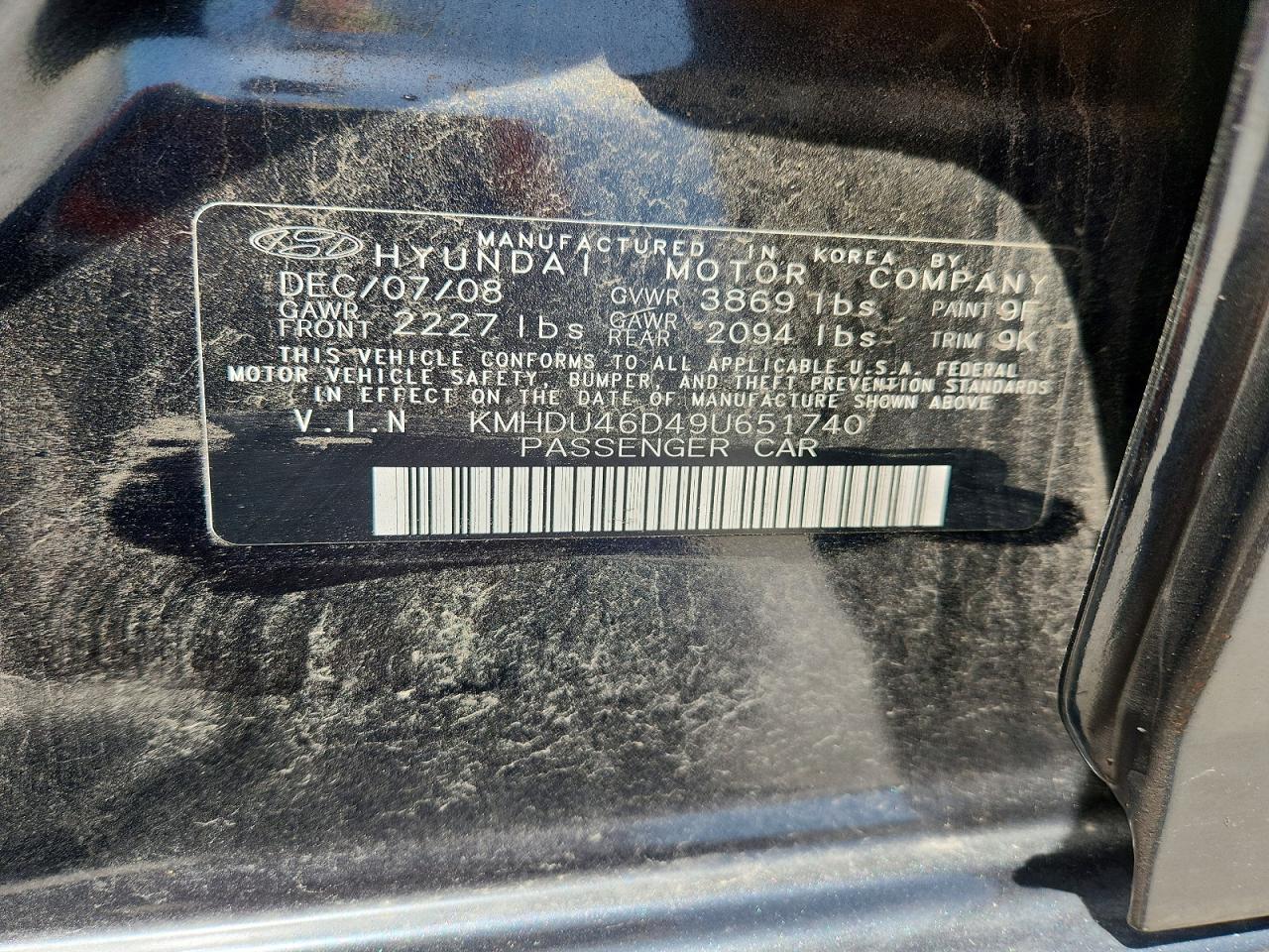 2009 Hyundai Elantra Gls Black vin: KMHDU46D49U651740