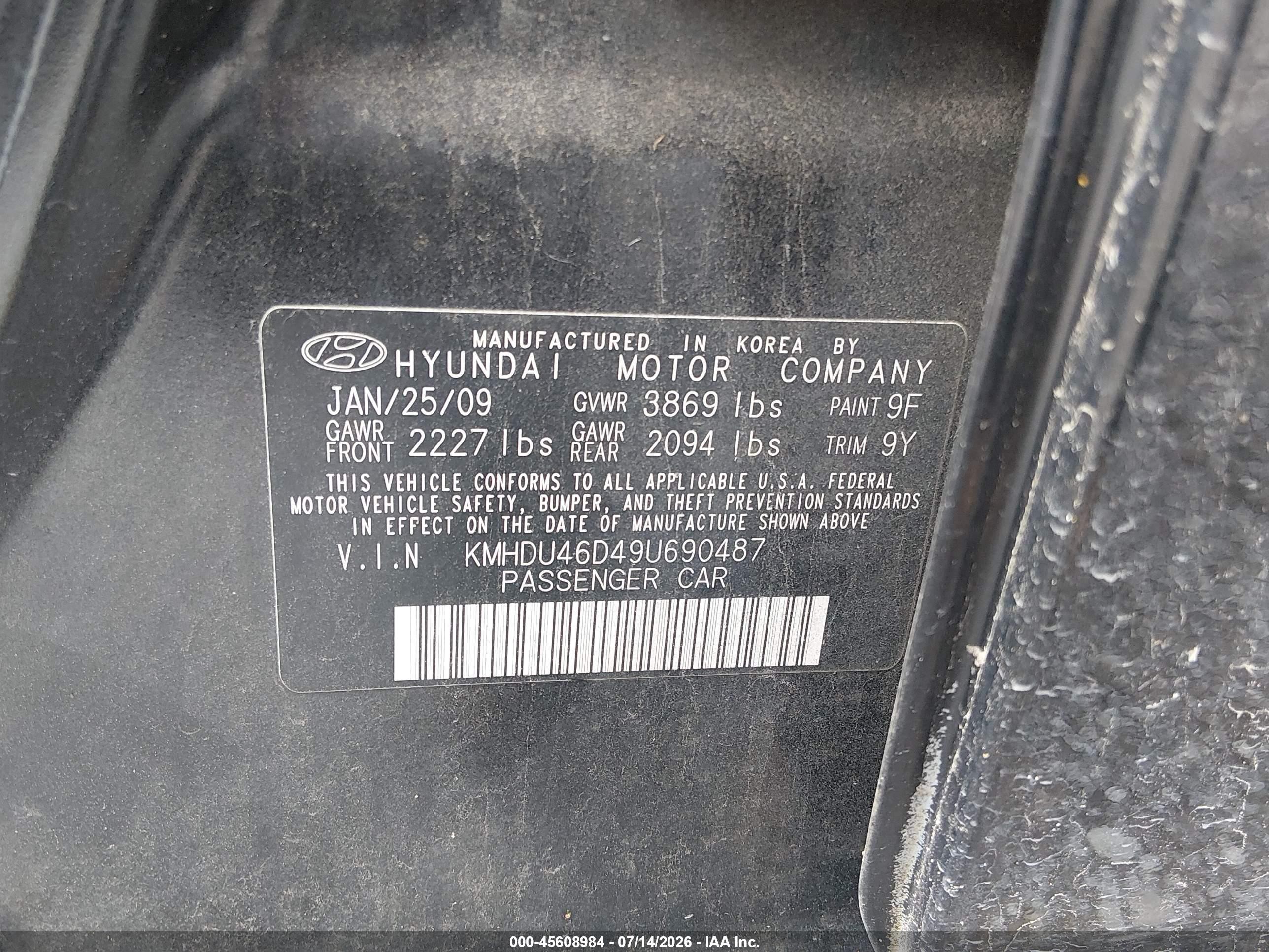 2009 Hyundai Elantra Gls Black vin: KMHDU46D49U690487