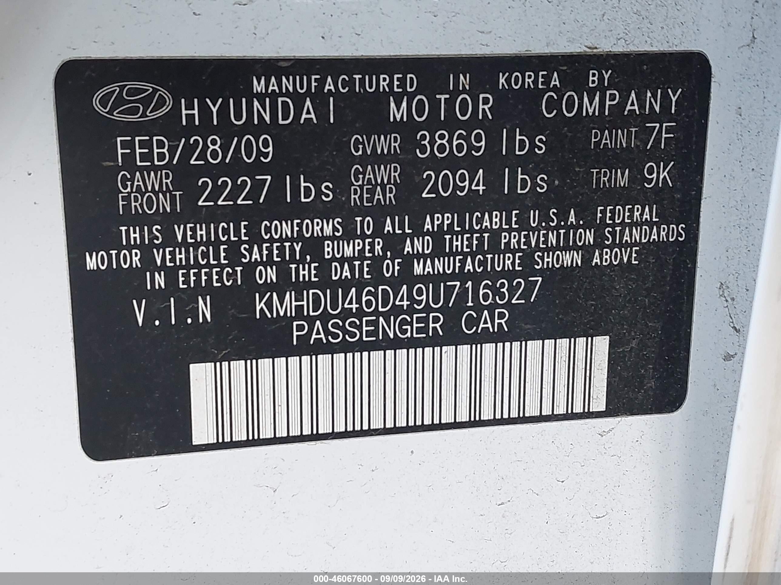 2009 Hyundai Elantra Gls White vin: KMHDU46D49U716327