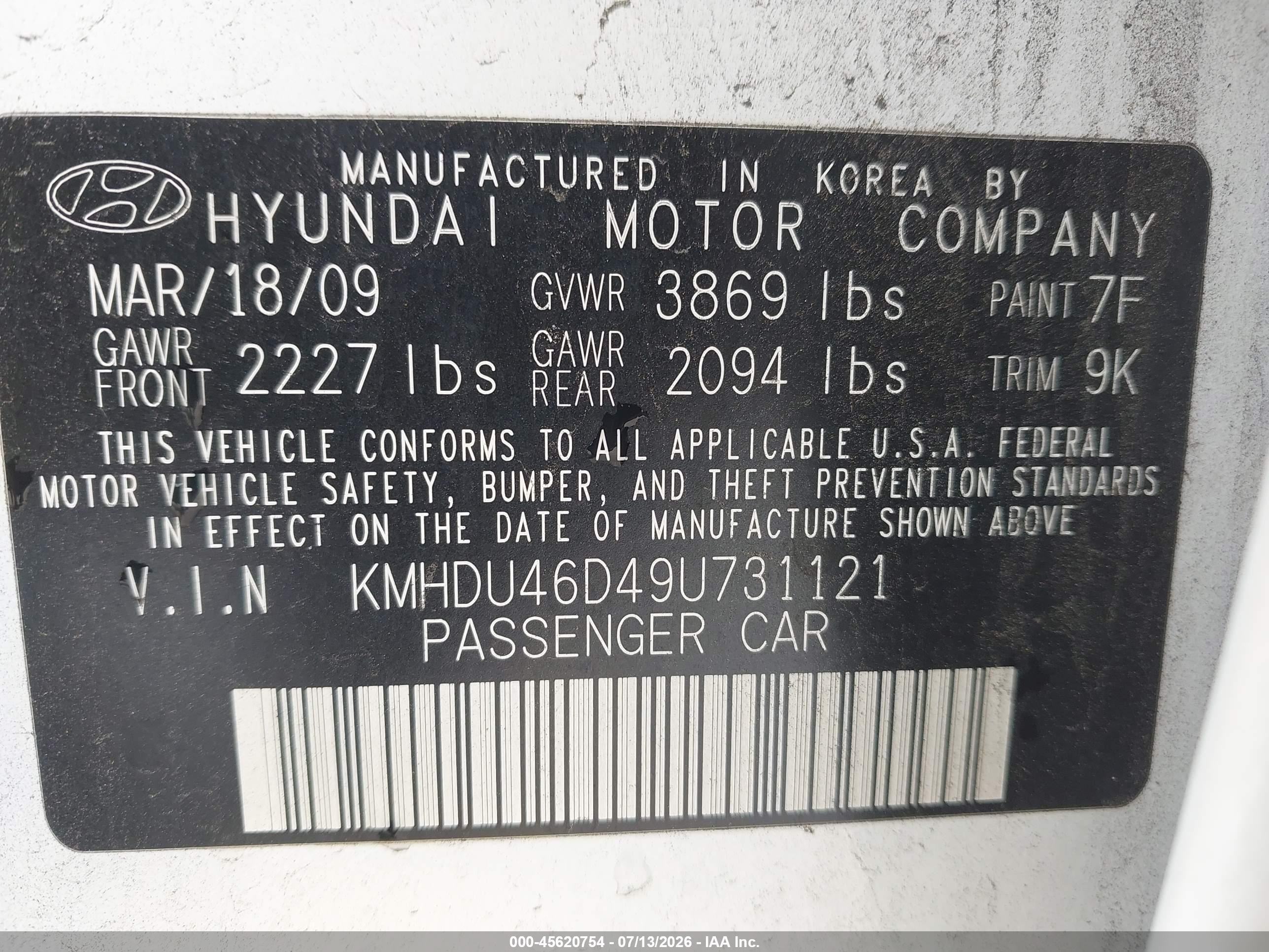 2009 Hyundai Elantra Gls White vin: KMHDU46D49U731121