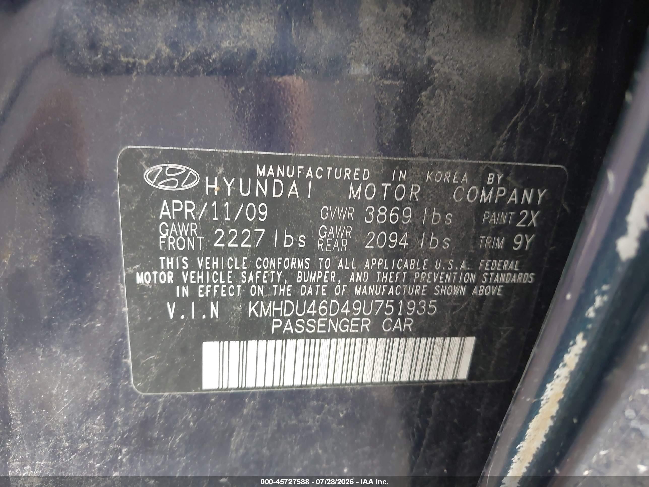 2009 Hyundai Elantra Se Navy vin: KMHDU46D49U751935