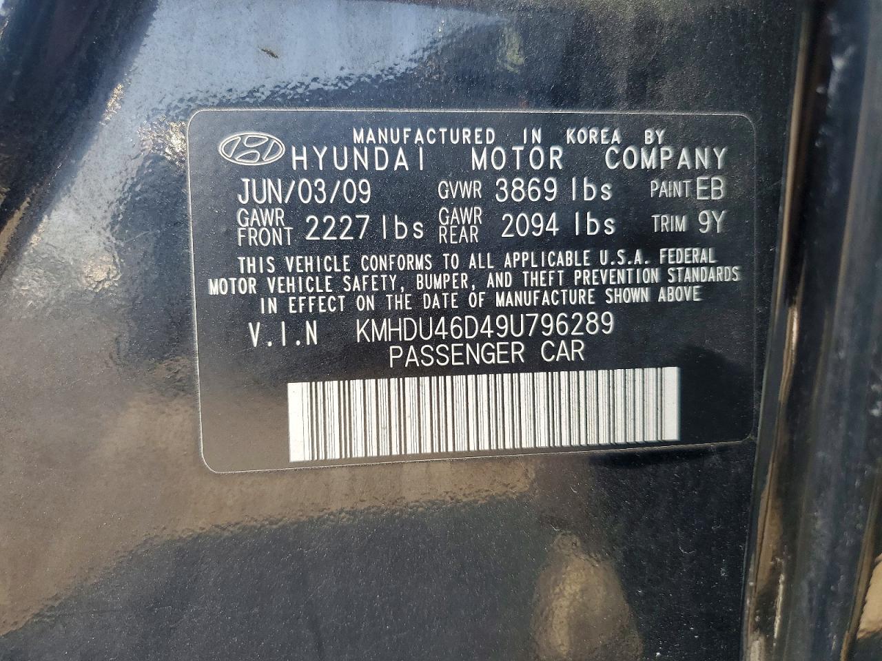 2009 Hyundai Elantra Gls Black vin: KMHDU46D49U796289
