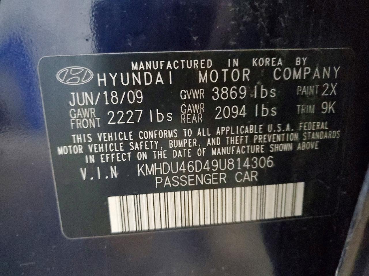 2009 Hyundai Elantra Gls Blue vin: KMHDU46D49U814306