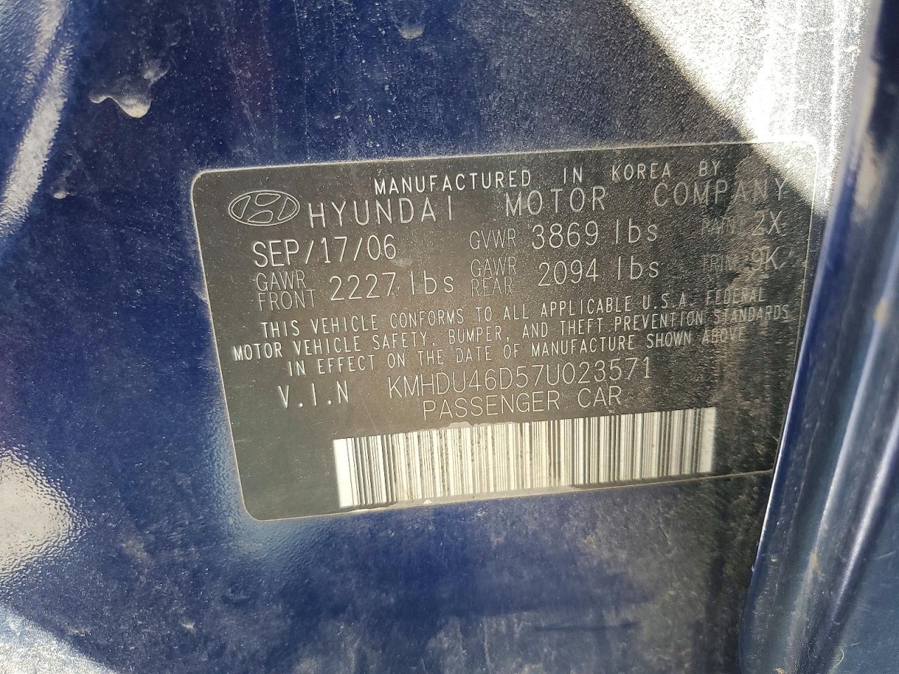 2007 Hyundai Elantra Gls Blue vin: KMHDU46D57U023571
