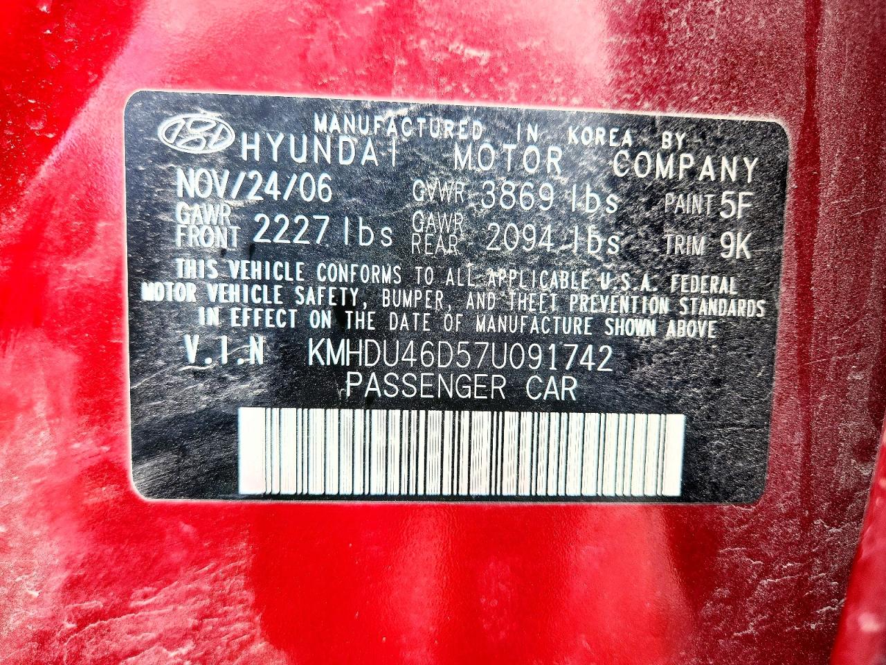 2007 Hyundai Elantra Gls Red vin: KMHDU46D57U091742