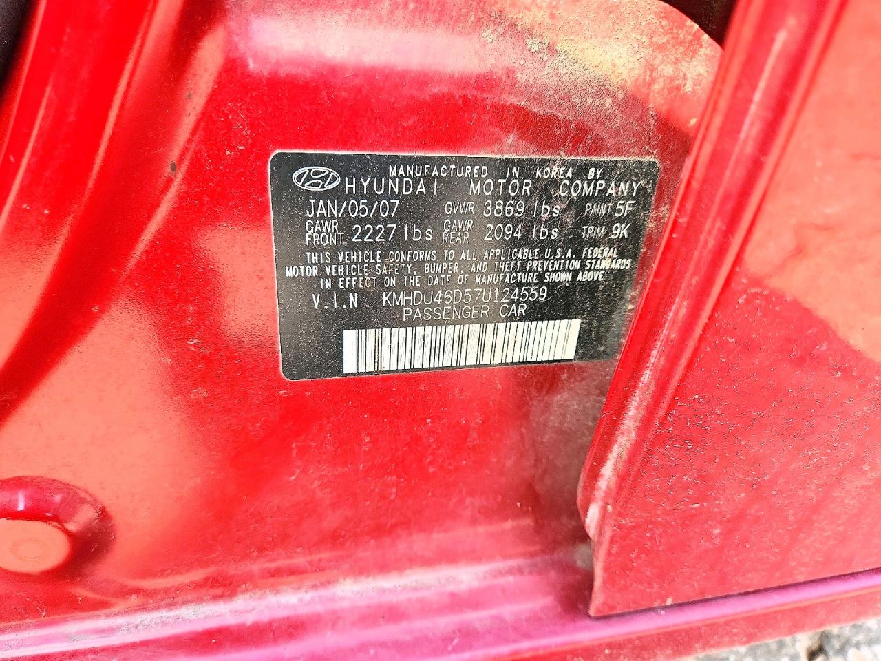 2007 Hyundai Elantra Gls Red vin: KMHDU46D57U124559