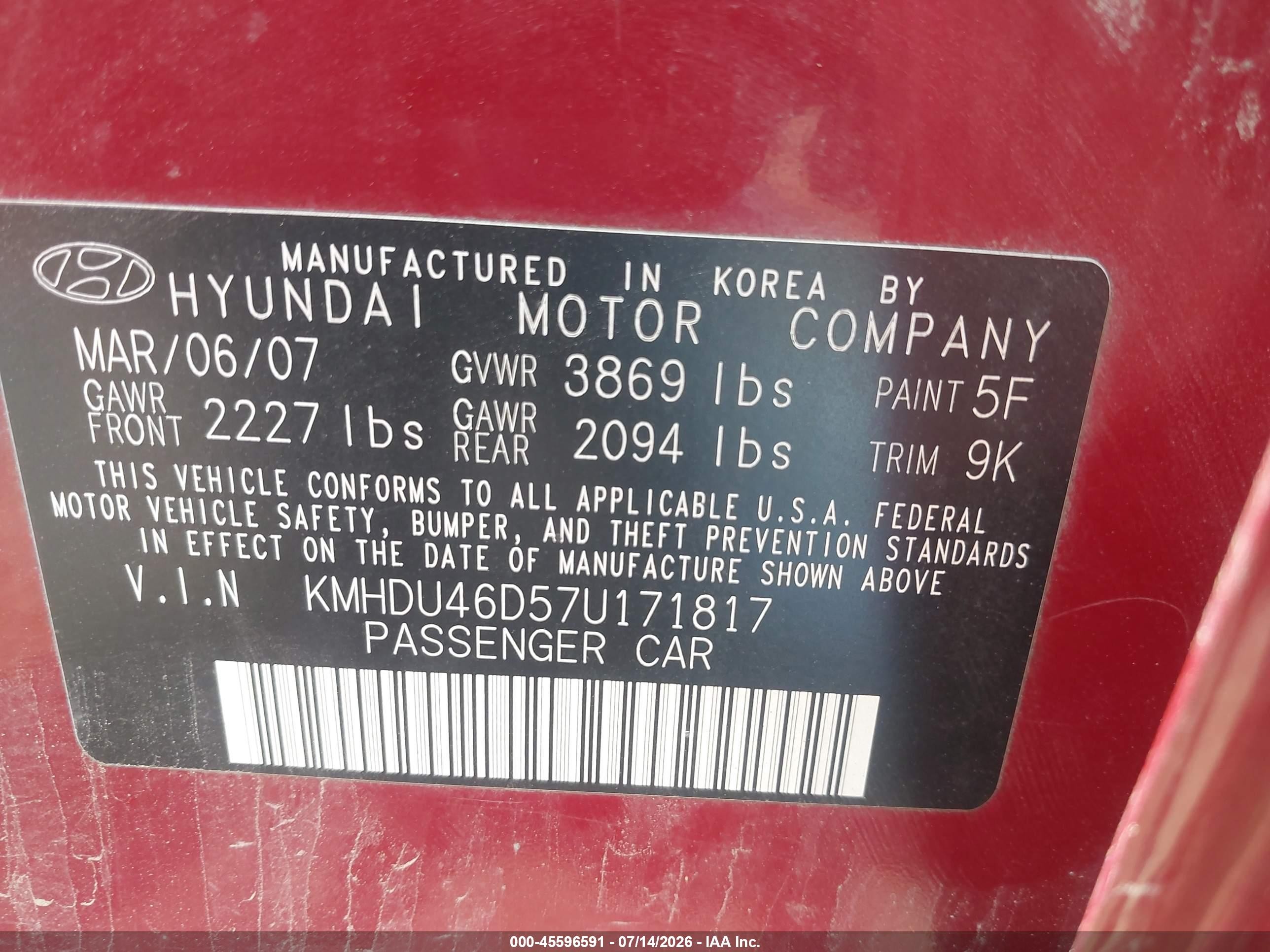 2007 Hyundai Elantra Gls/se/limited Красный vin: KMHDU46D57U171817
