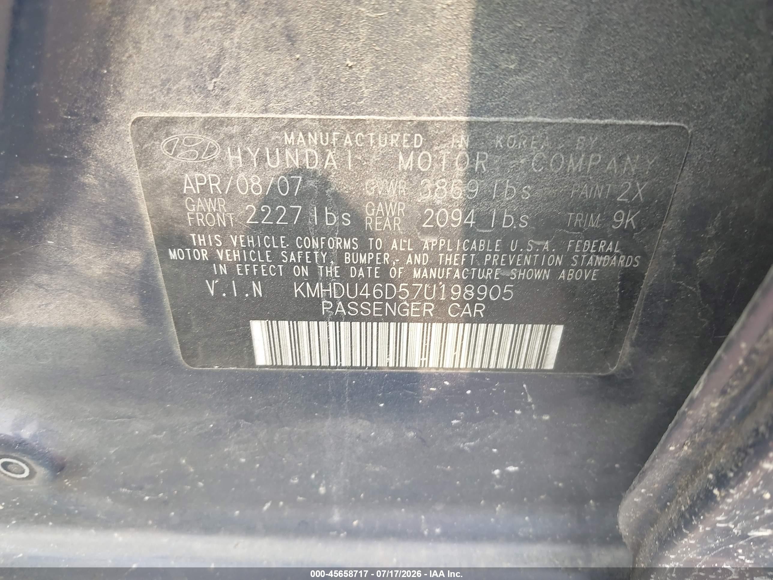 2007 Hyundai Elantra   Синий vin: KMHDU46D57U198905