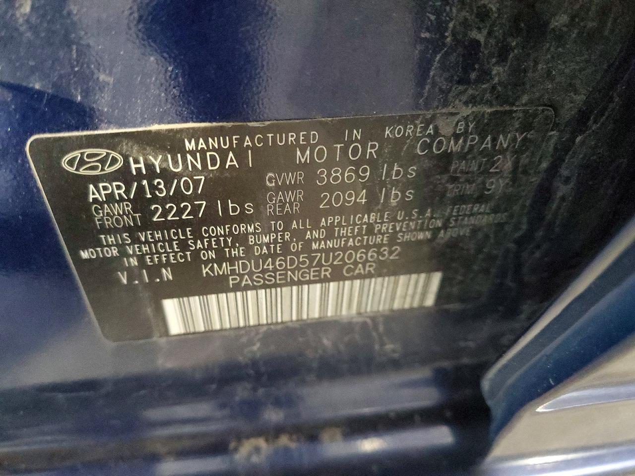 2007 Hyundai Elantra Gls Blue vin: KMHDU46D57U206632