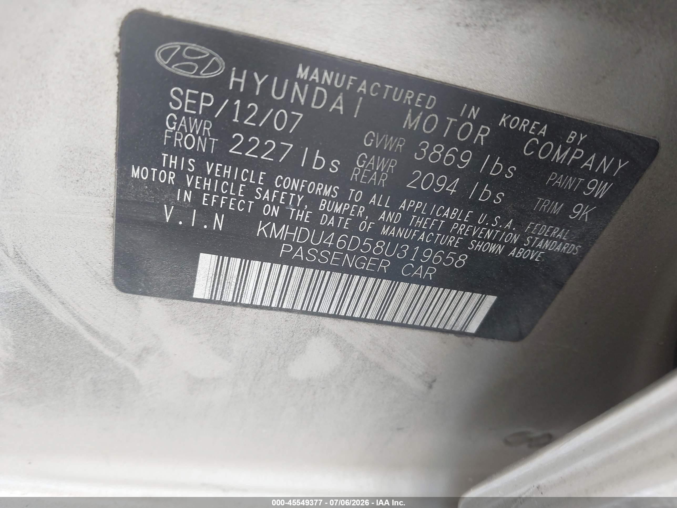 2008 Hyundai Elantra Gls/se Золотой vin: KMHDU46D58U319658