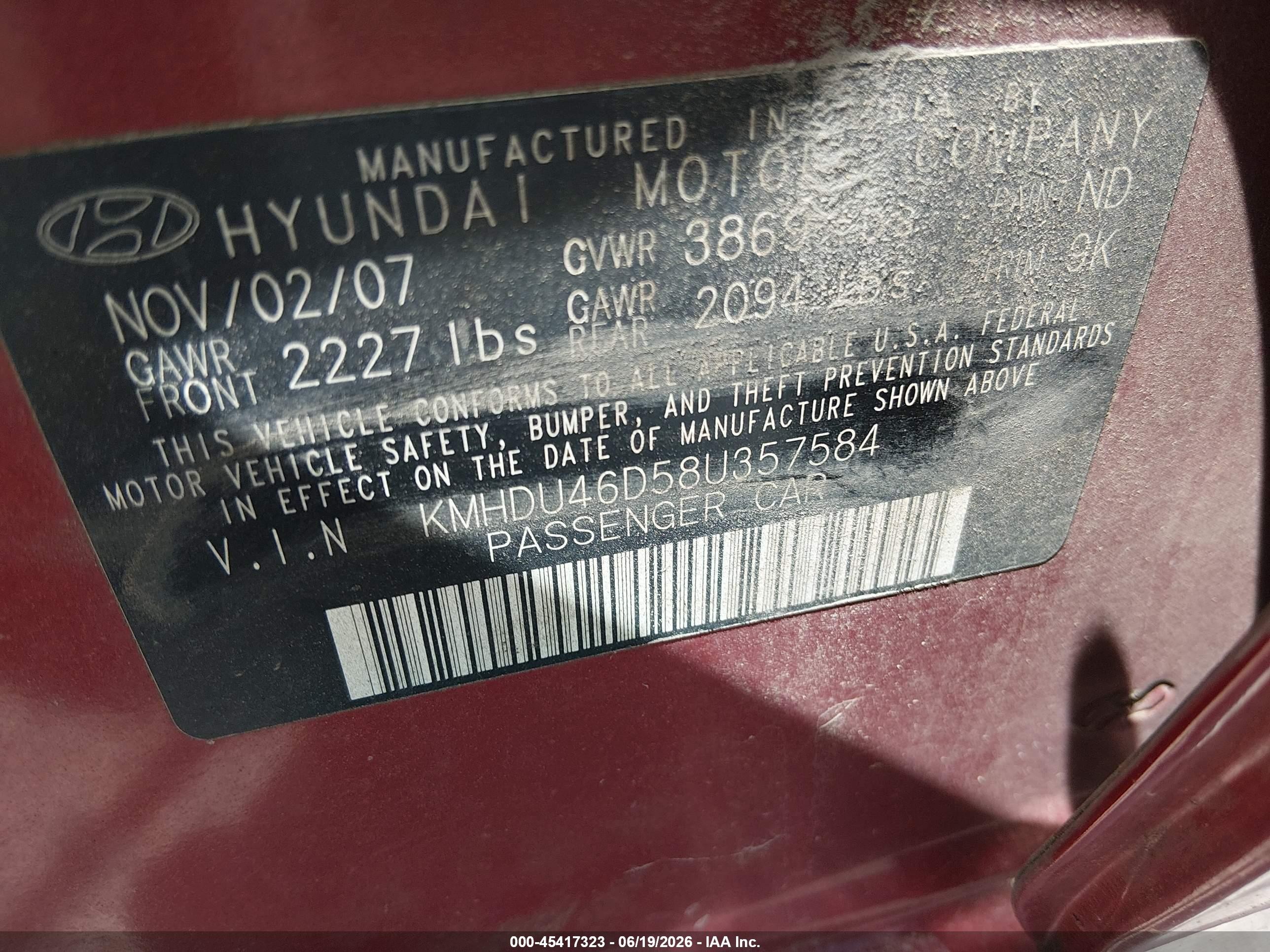 2008 Hyundai Elantra Gls/se Red vin: KMHDU46D58U357584