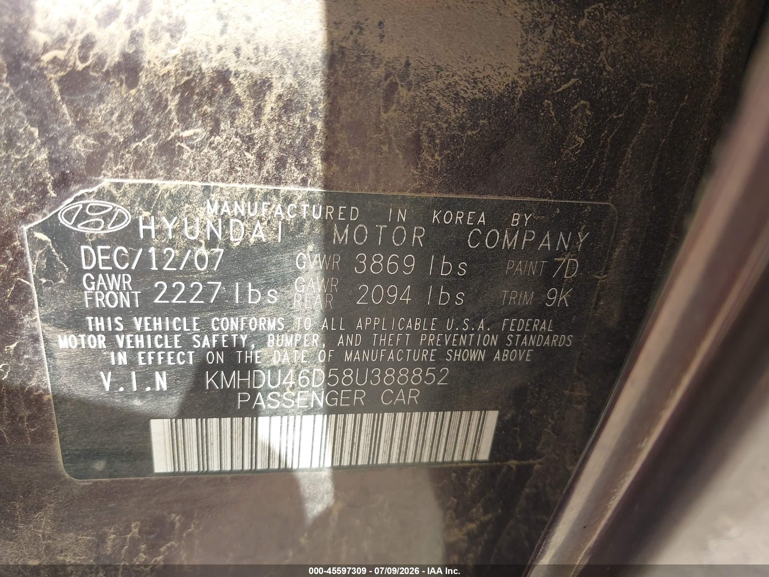 2008 Hyundai Elantra Gls/se Purple vin: KMHDU46D58U388852