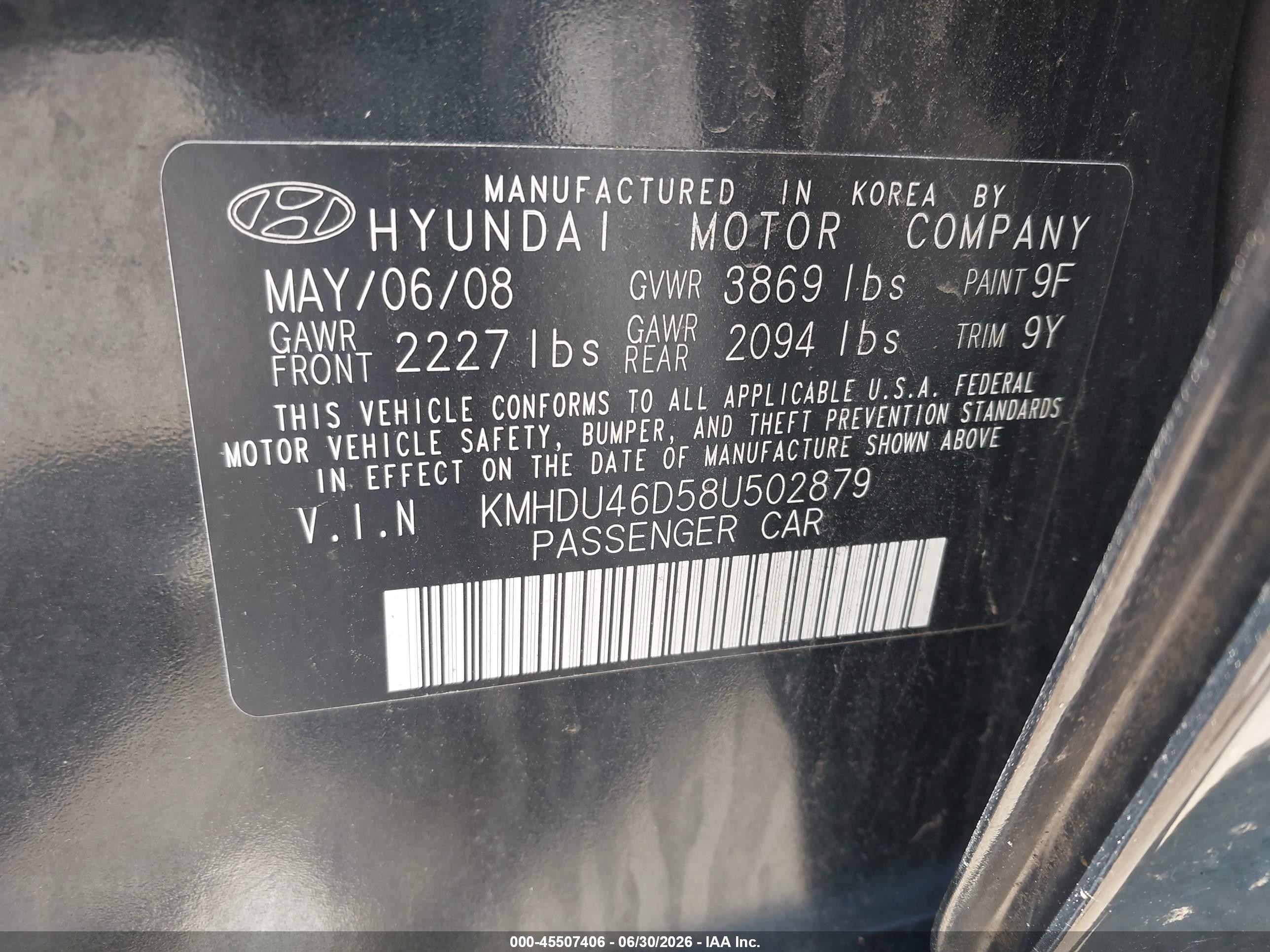 2008 Hyundai Elantra Gls/se Black vin: KMHDU46D58U502879