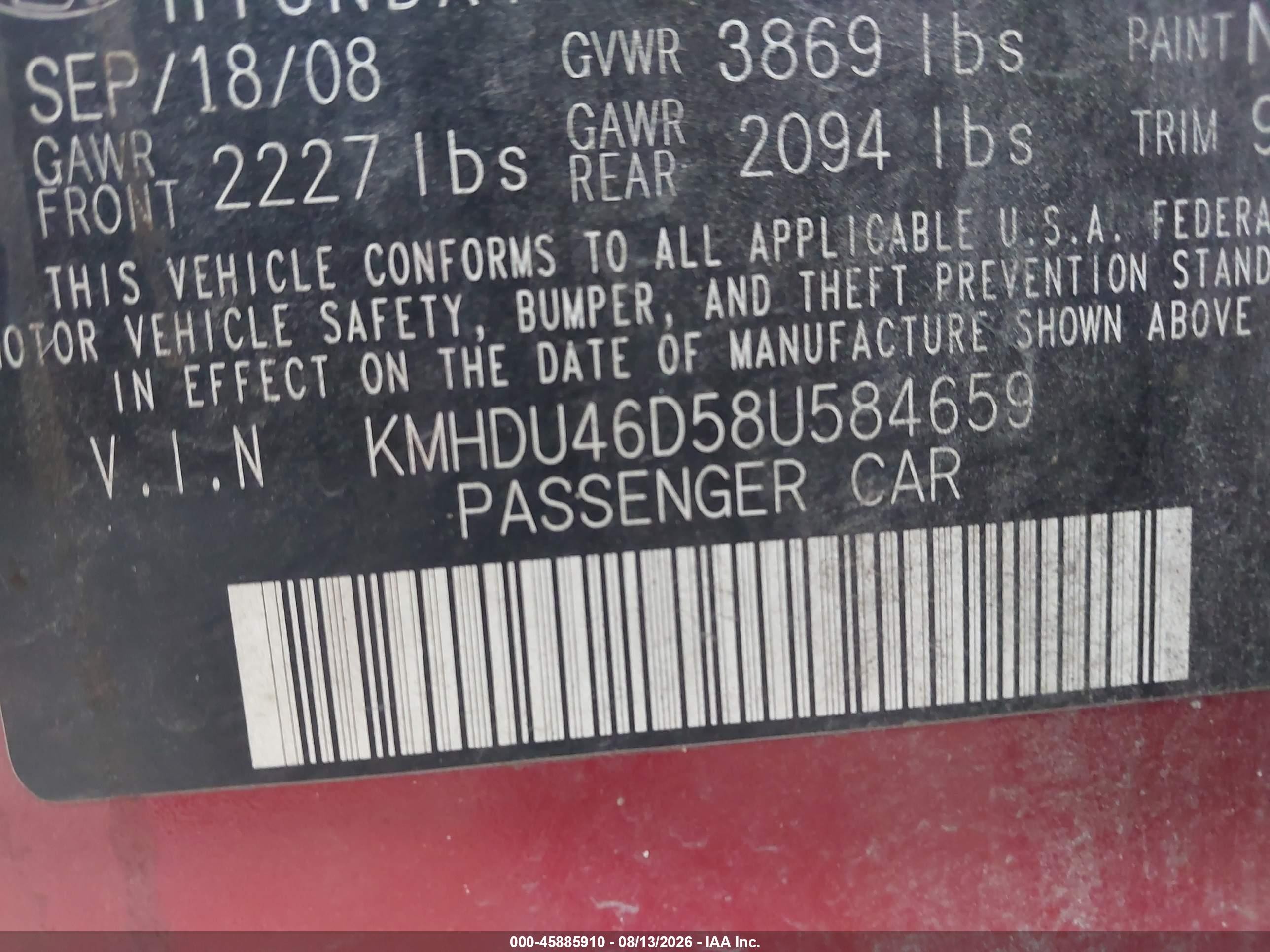 2008 Hyundai Elantra Gls/se Red vin: KMHDU46D58U584659