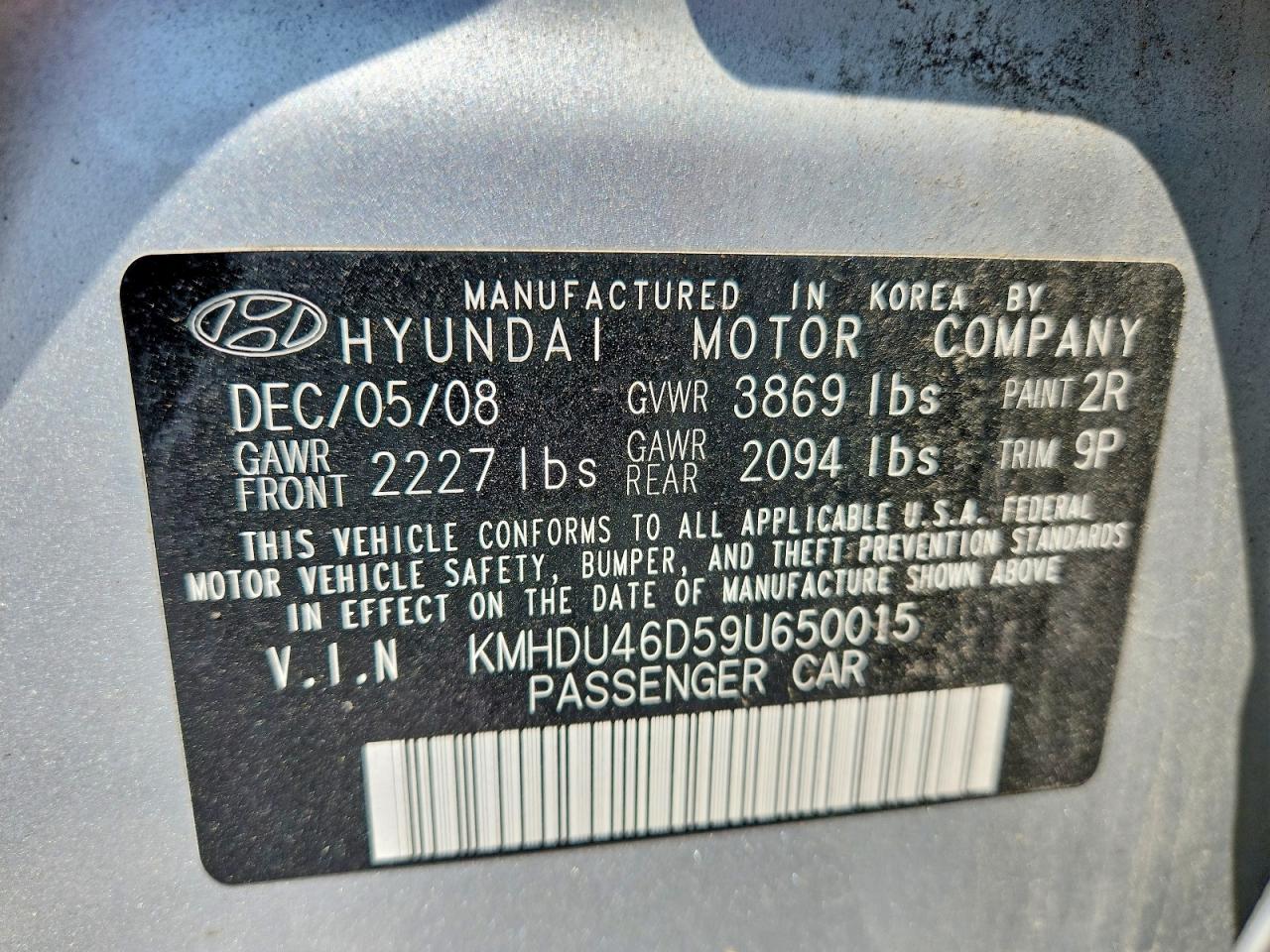 2009 Hyun Elantra Silver vin: KMHDU46D59U650015