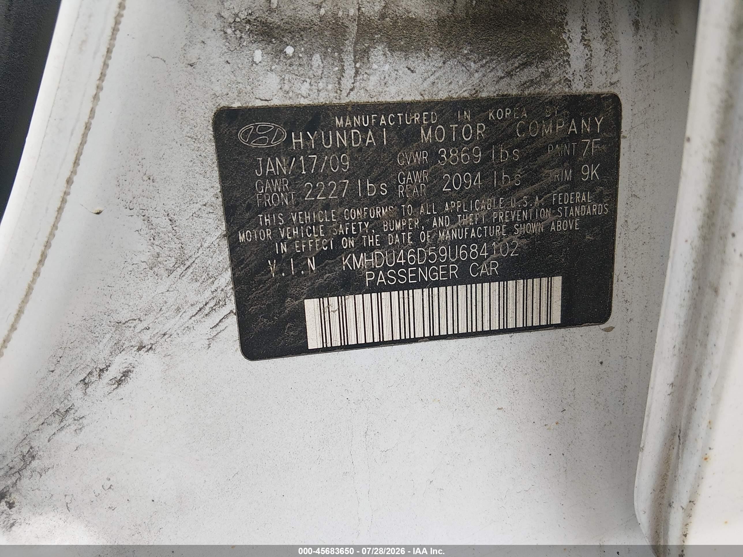 2009 Hyundai Elantra Gls White vin: KMHDU46D59U684102