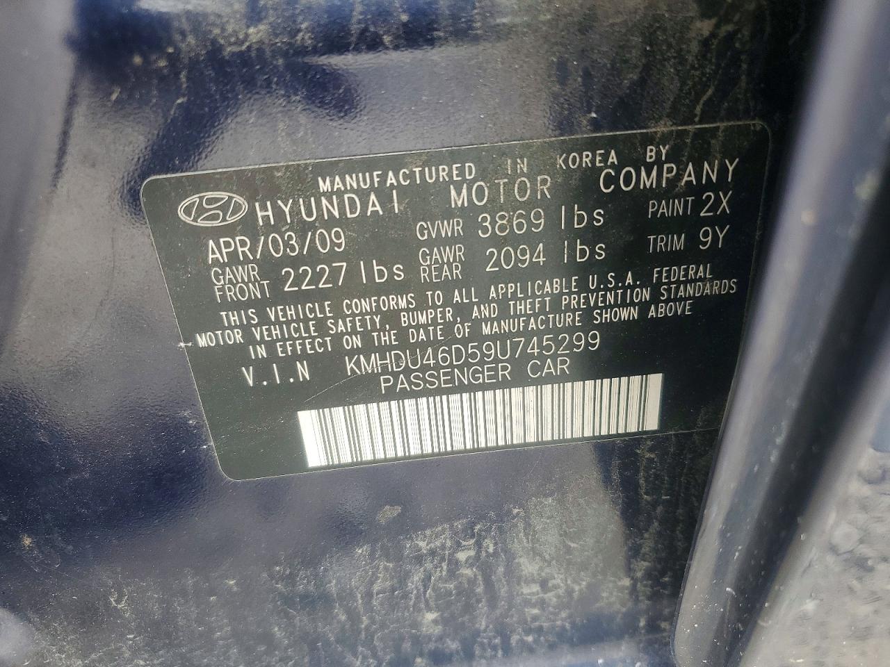 2009 Hyundai Elantra Gls Blue vin: KMHDU46D59U745299