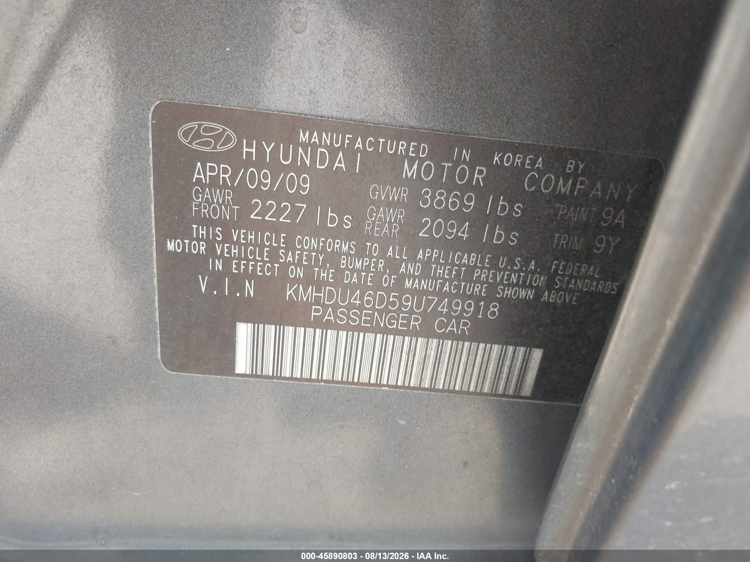 2009 Hyundai Elantra Gls Gray vin: KMHDU46D59U749918