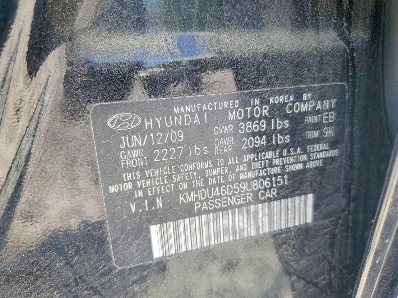 2009 Hyundai Elantra Gls Black vin: KMHDU46D59U806151