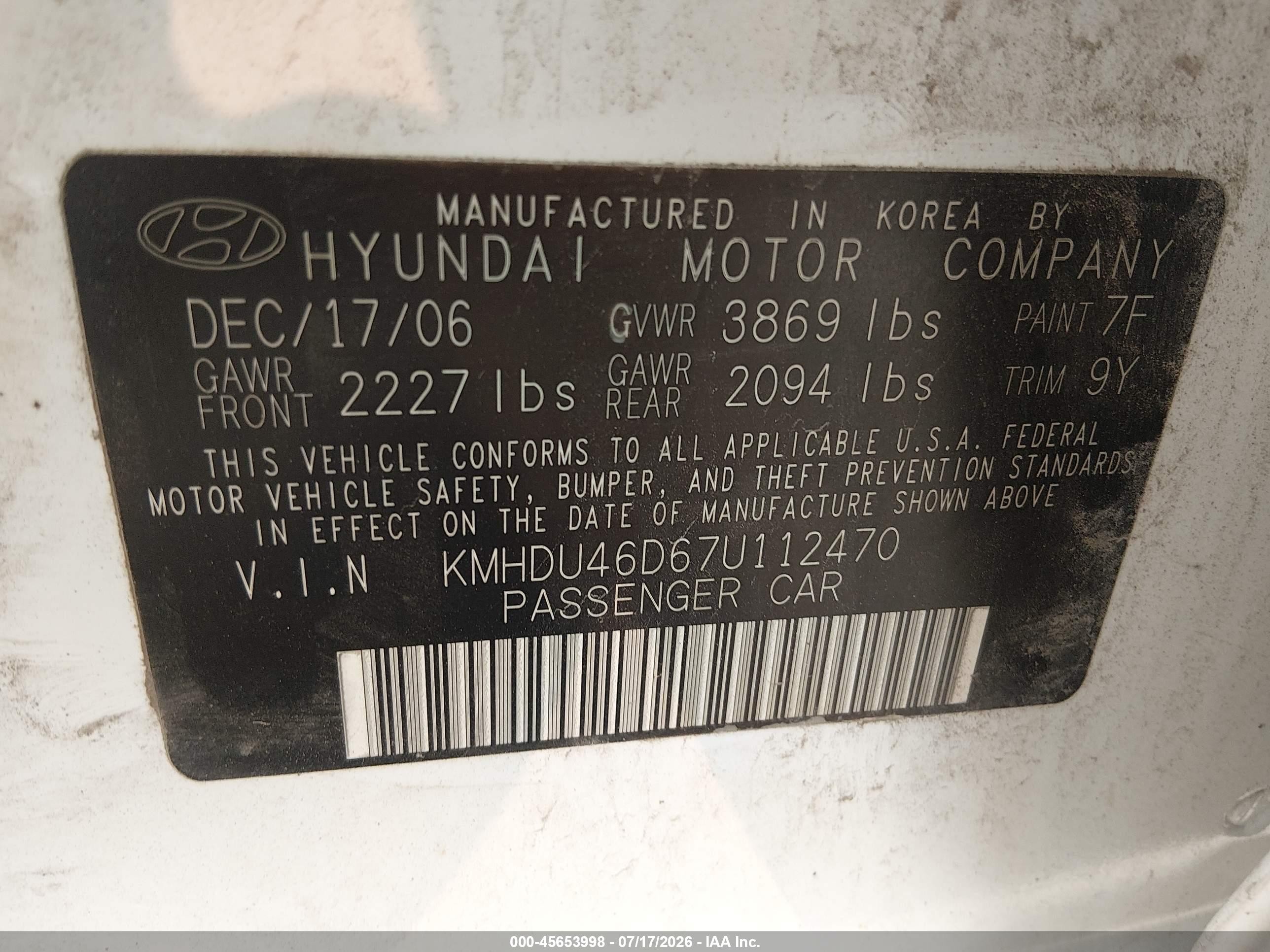 2007 Hyundai Elantra Gls/ltd/se White vin: KMHDU46D67U112470
