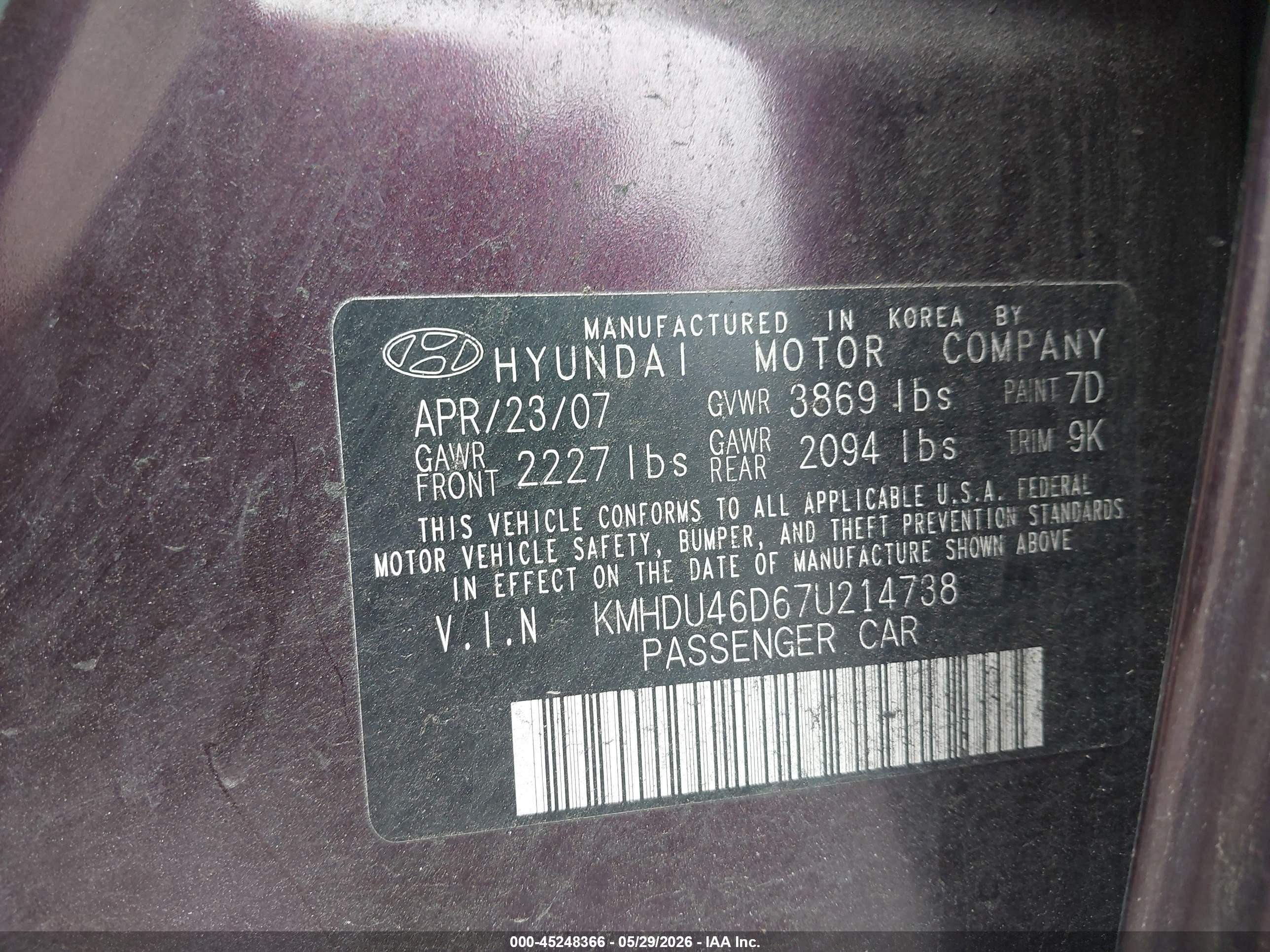 2007 Hyundai Elantra Gls/limited/se Purple vin: KMHDU46D67U214738