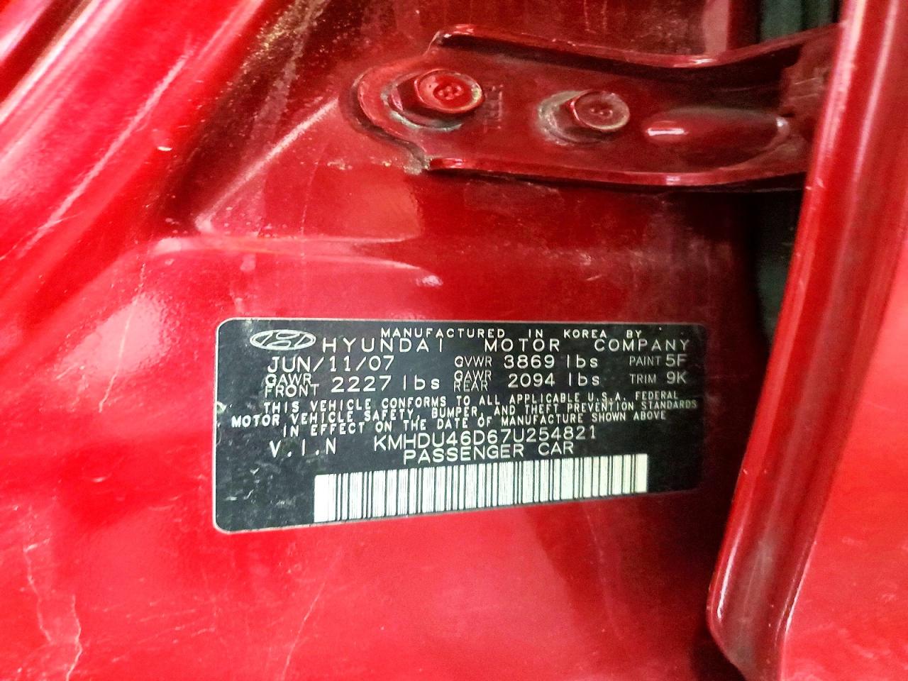 2007 Hyundai Elantra Gls/se/limited Red vin: KMHDU46D67U254821