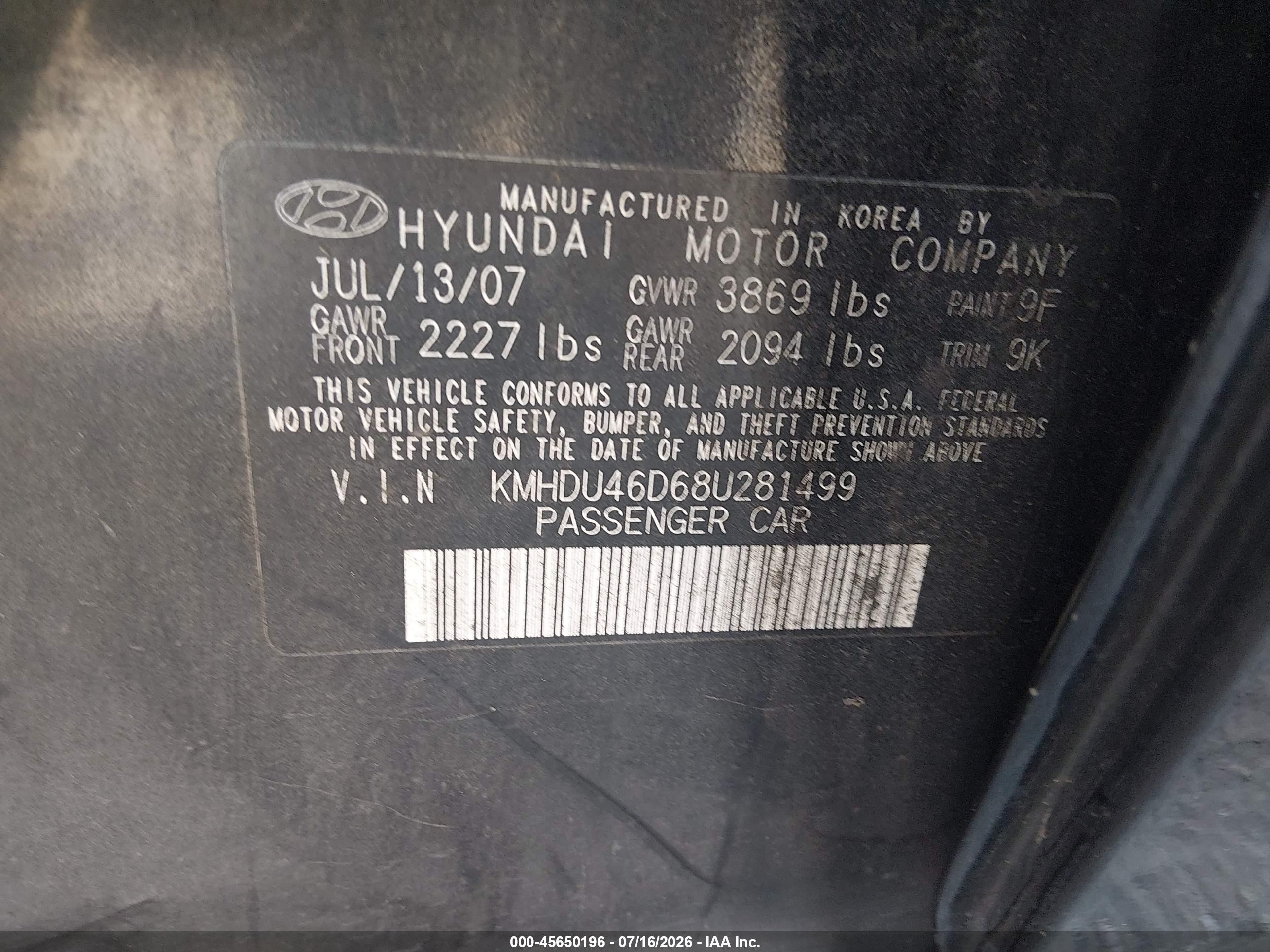 2008 Hyundai Elantra Gls/se Black vin: KMHDU46D68U281499