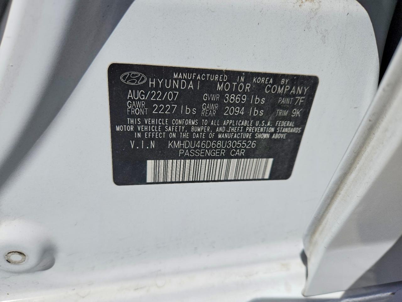 2008 Hyundai Elantra White vin: KMHDU46D68U305526