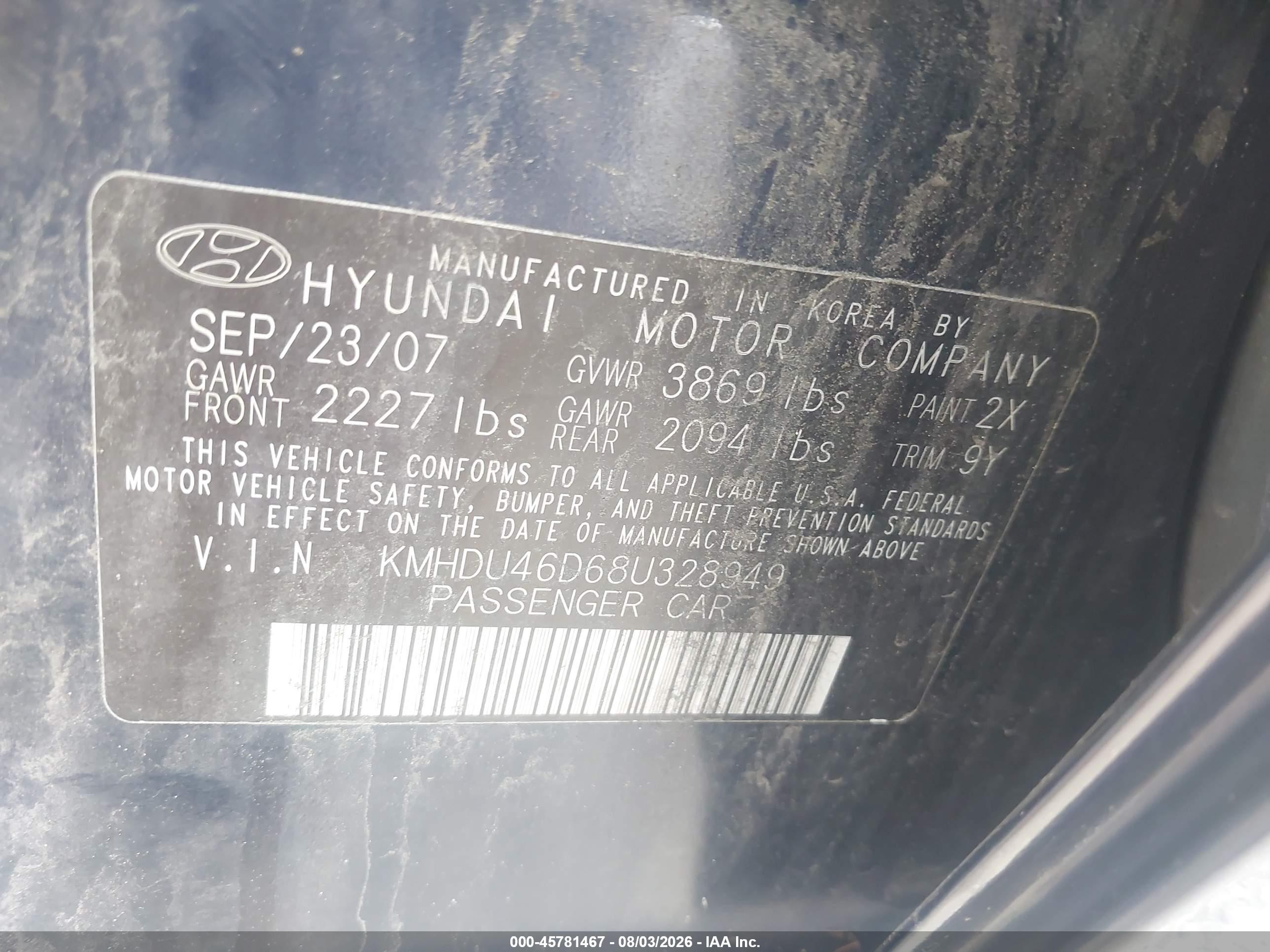 2008 Hyundai Elantra Gls/se Blue vin: KMHDU46D68U328949