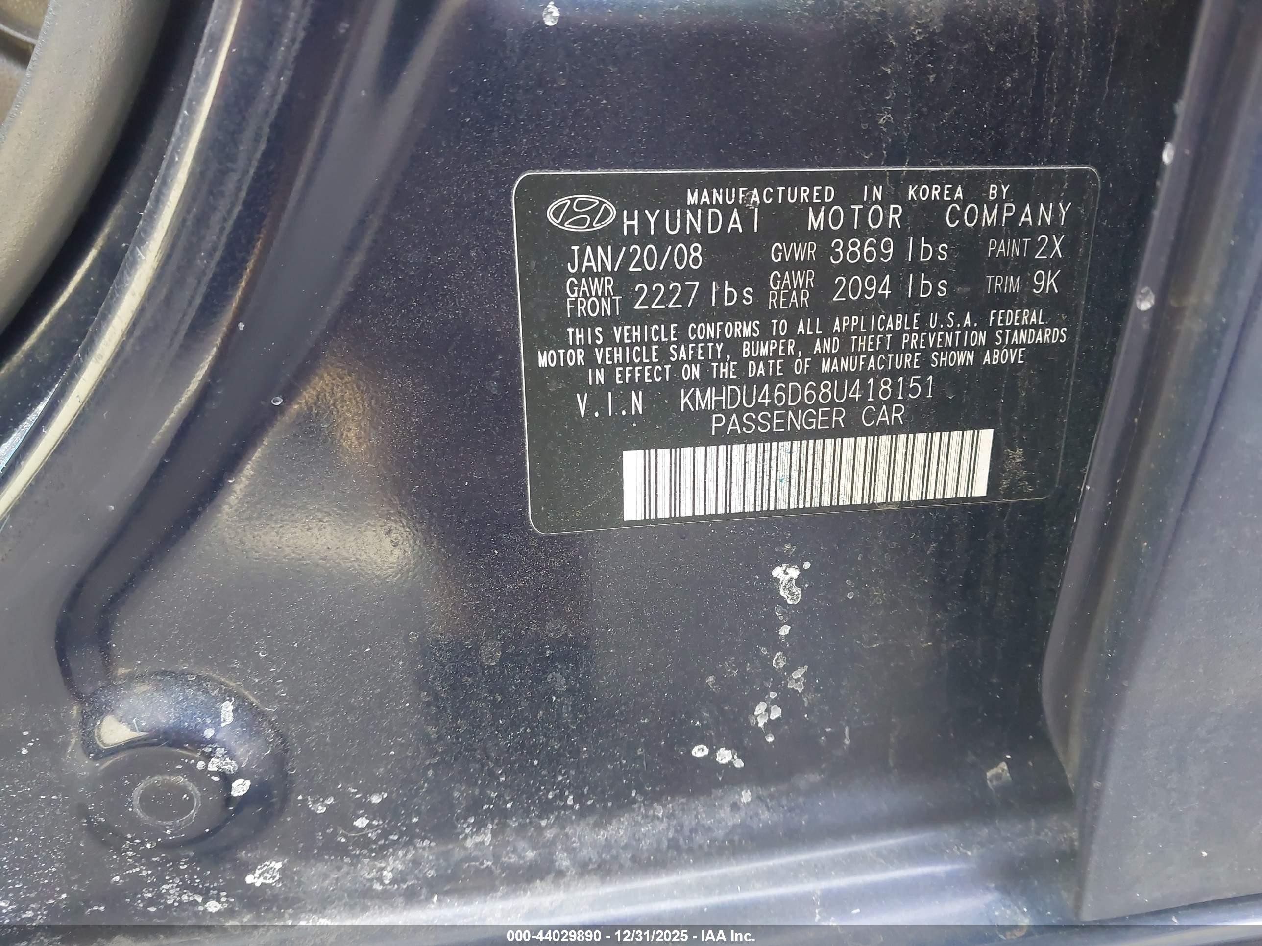 2008 Hyundai Elantra Gls/se Blue vin: KMHDU46D68U418151