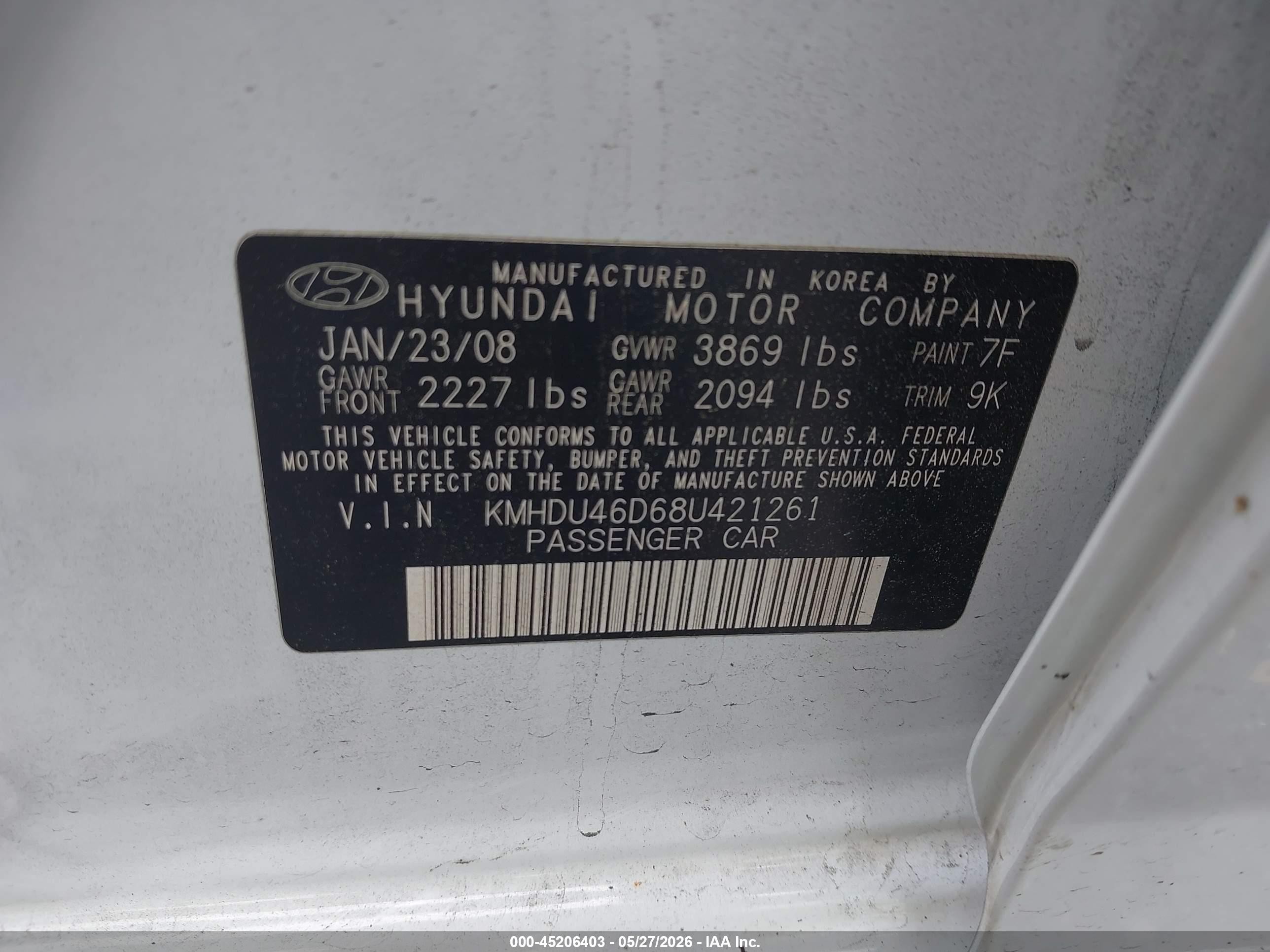 2008 Hyundai Elantra Gls/se White vin: KMHDU46D68U421261