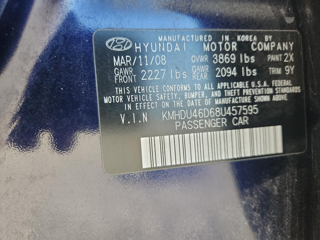 2008 Hyundai Elantra Gls Синий vin: KMHDU46D68U457595