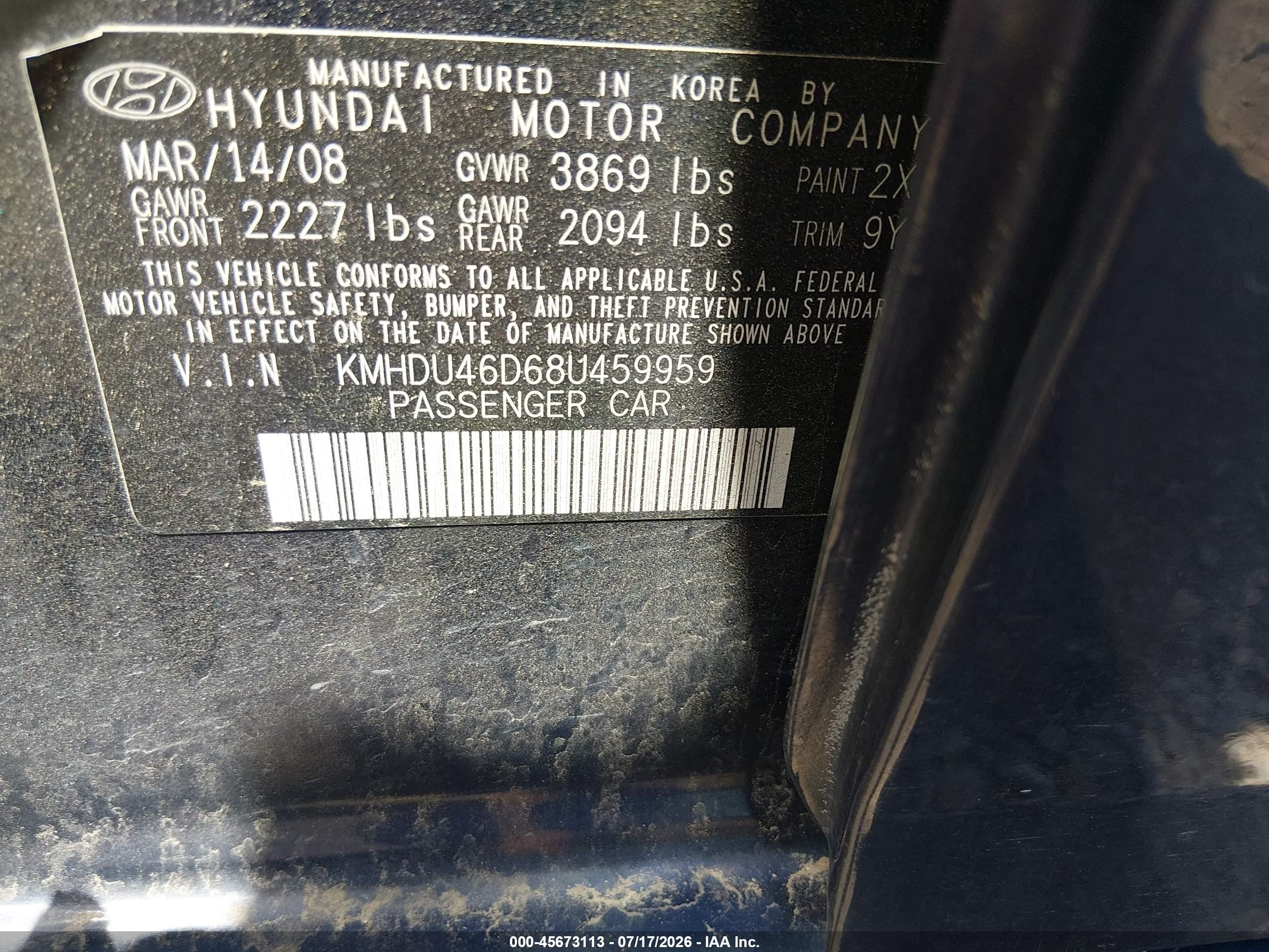 2008 Hyundai Elantra Gls/se Blue vin: KMHDU46D68U459959
