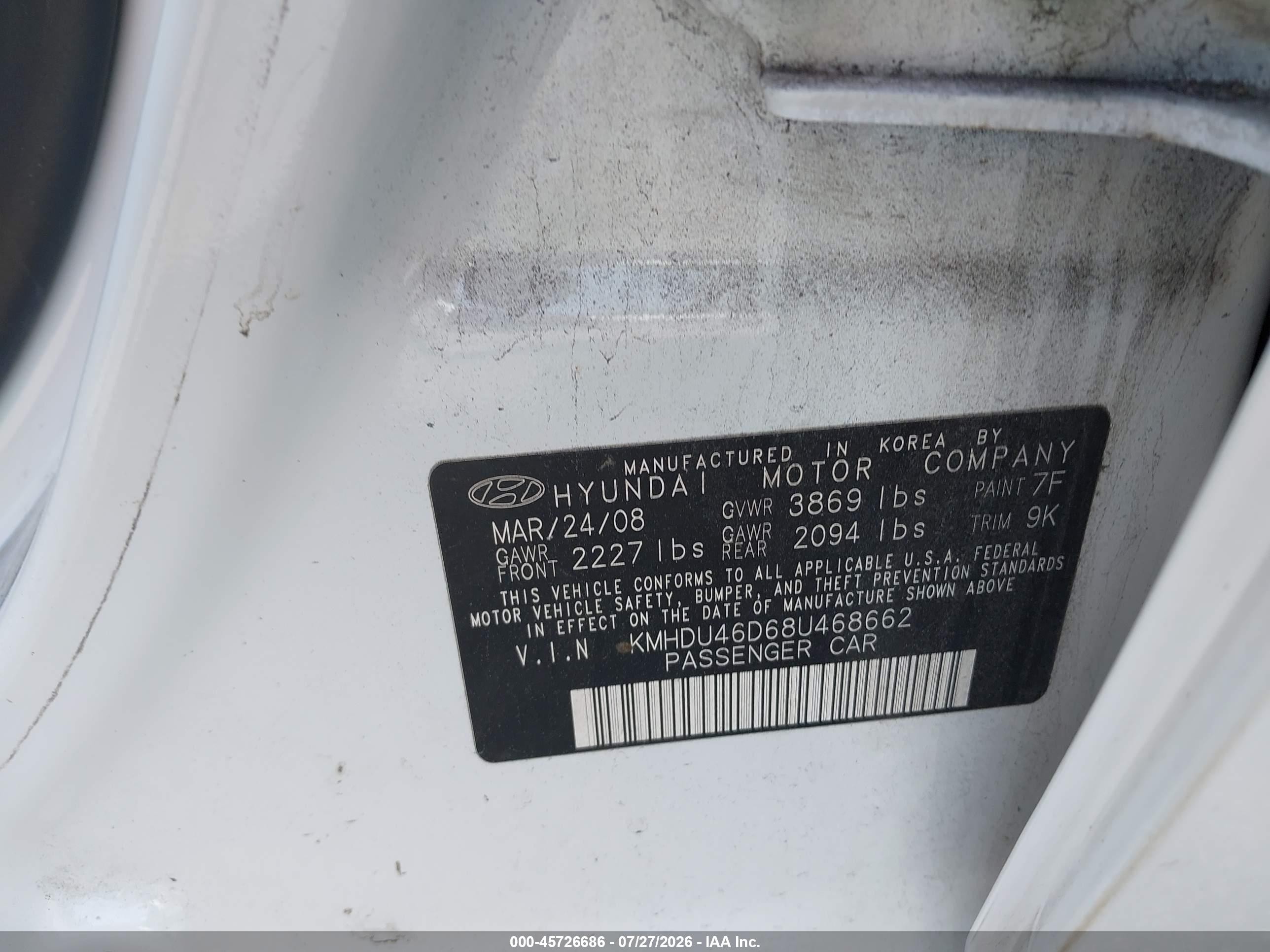 2008 Hyundai Elantra Gls/se White vin: KMHDU46D68U468662