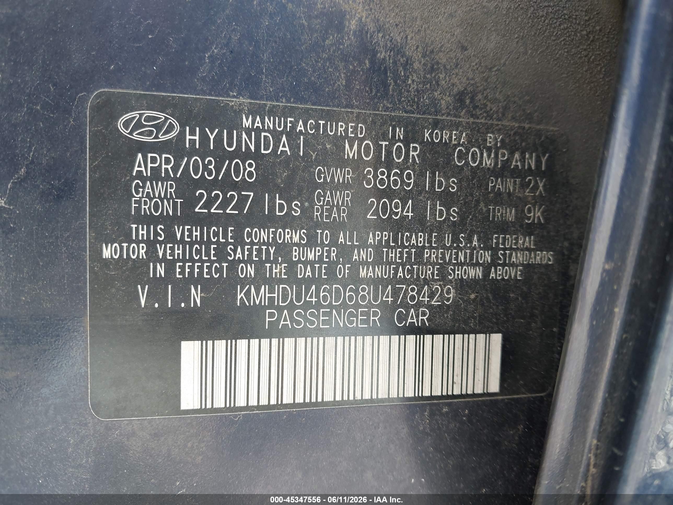 2008 Hyundai Elantra Gls/se Dark Blue vin: KMHDU46D68U478429