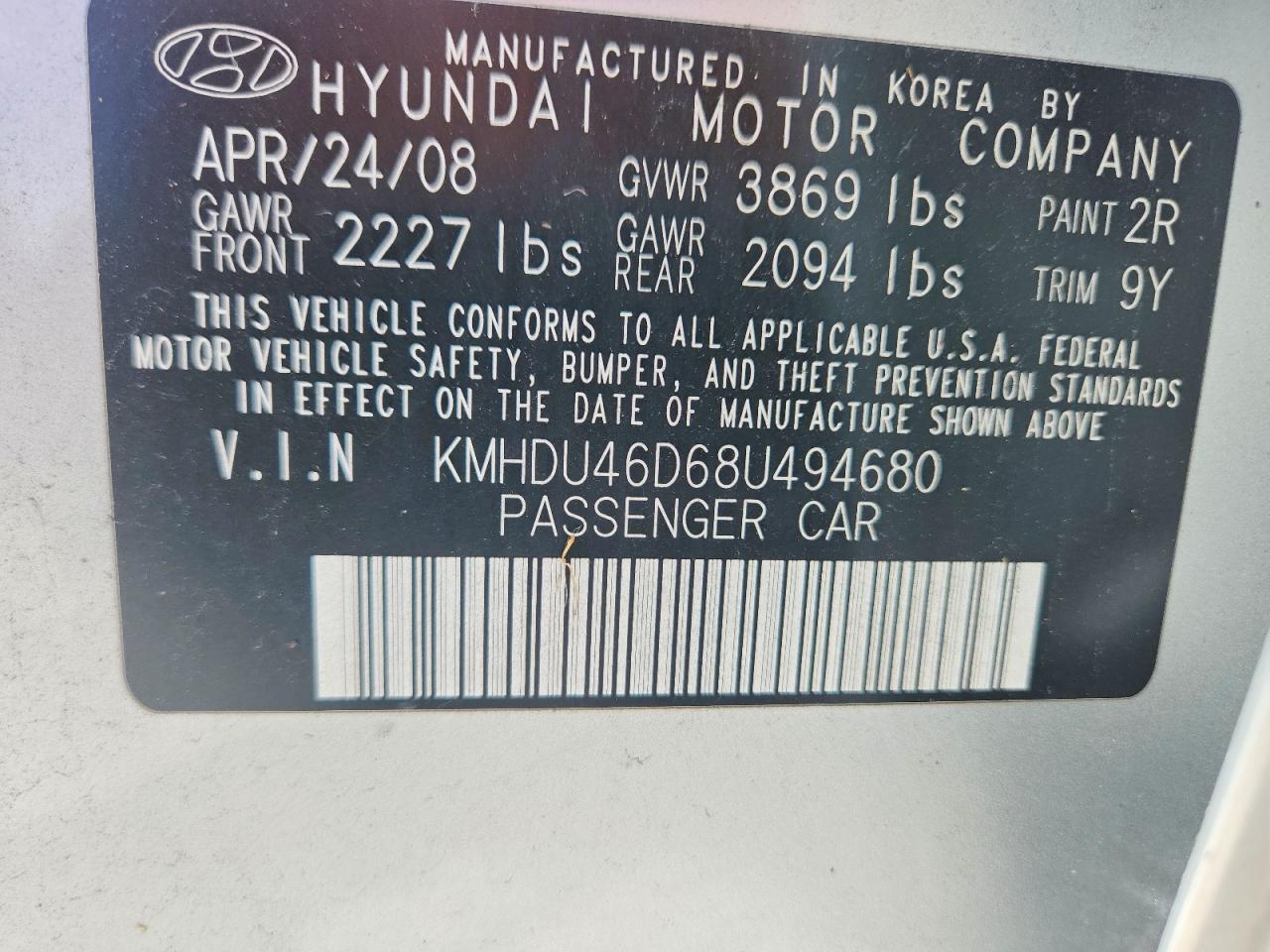 2008 Hyundai Elantra Gls Silver vin: KMHDU46D68U494680