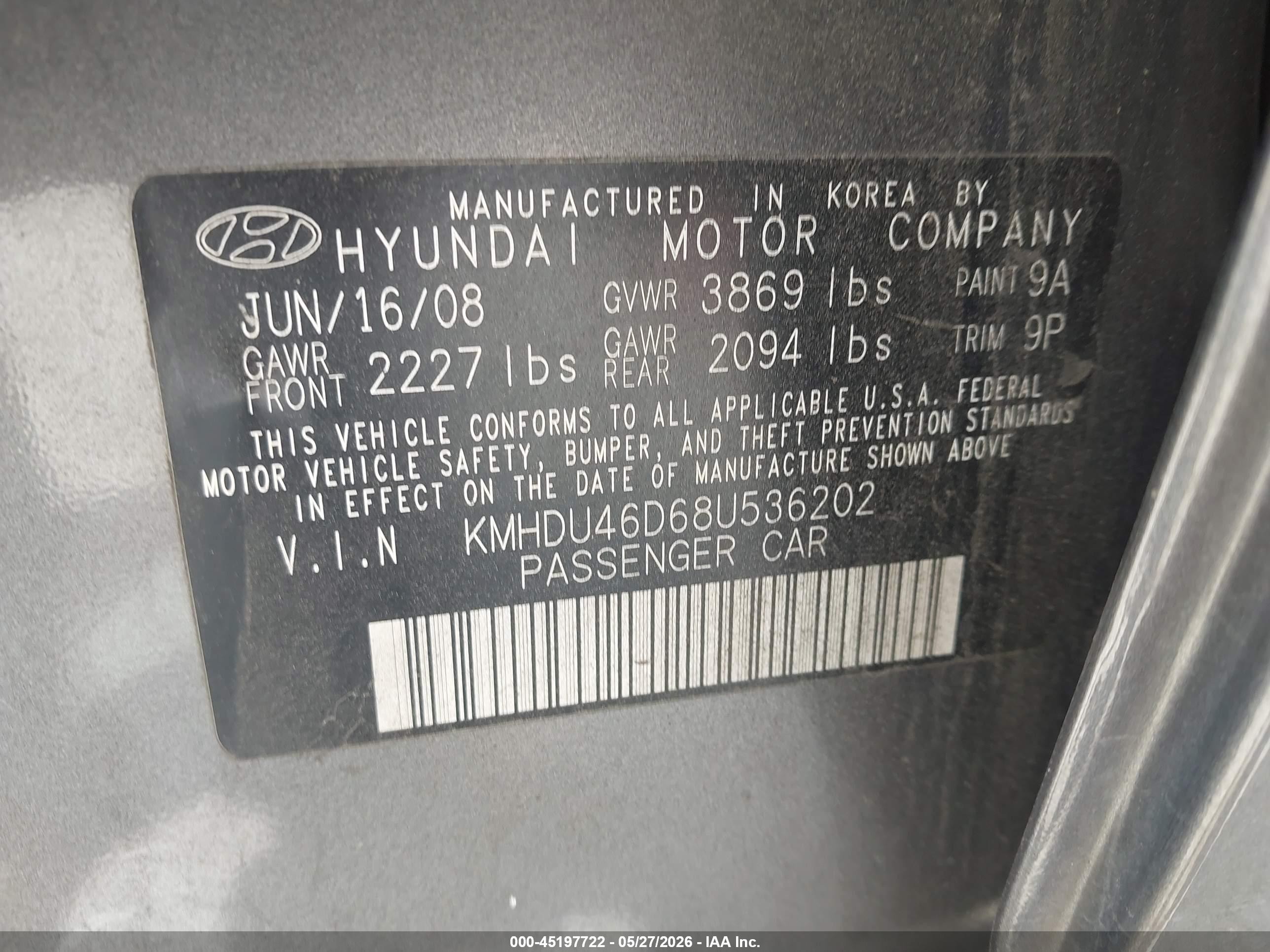 2008 Hyundai Elantra Gls/se Gray vin: KMHDU46D68U536202