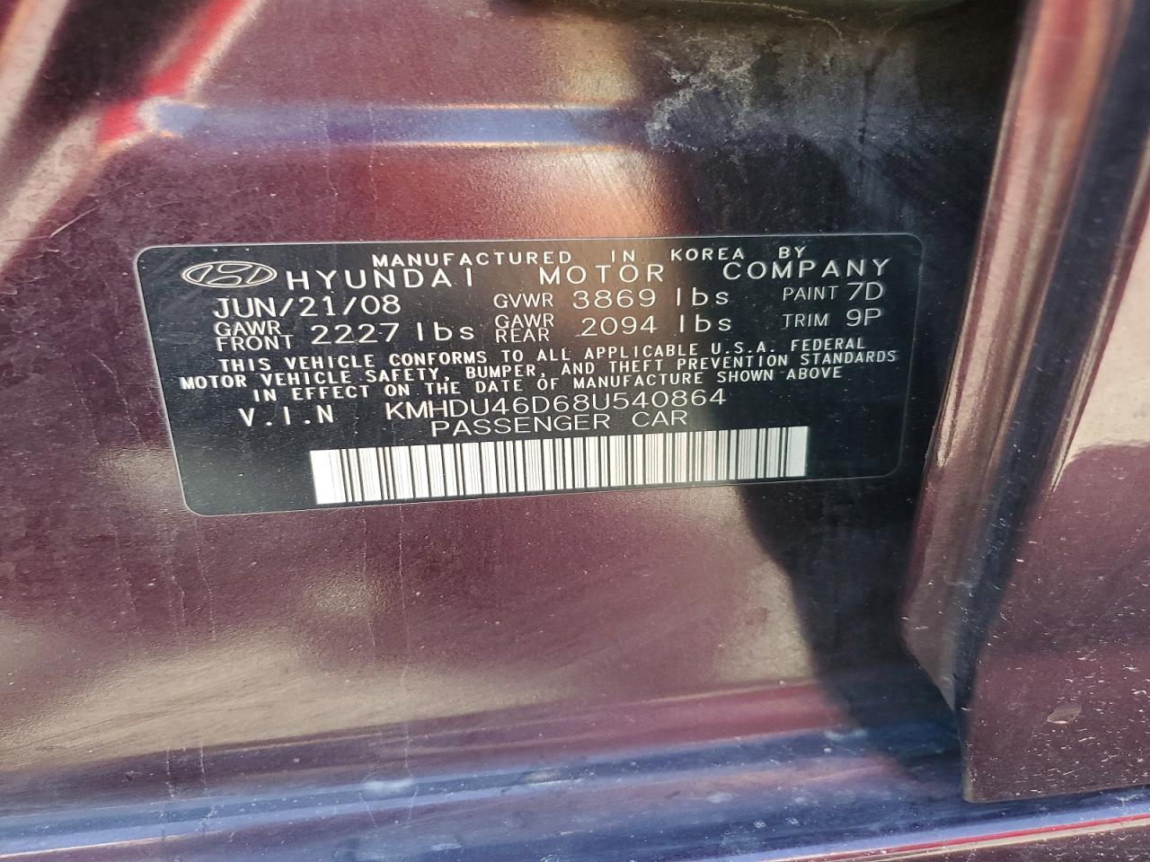 2008 Hyundai Elantra Gls Purple vin: KMHDU46D68U540864