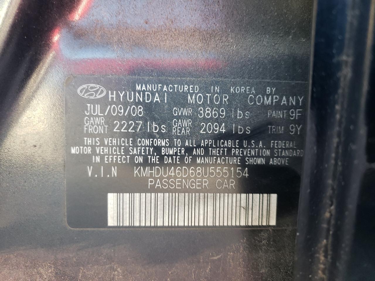 2008 Hyundai Elantra Gls Black vin: KMHDU46D68U555154