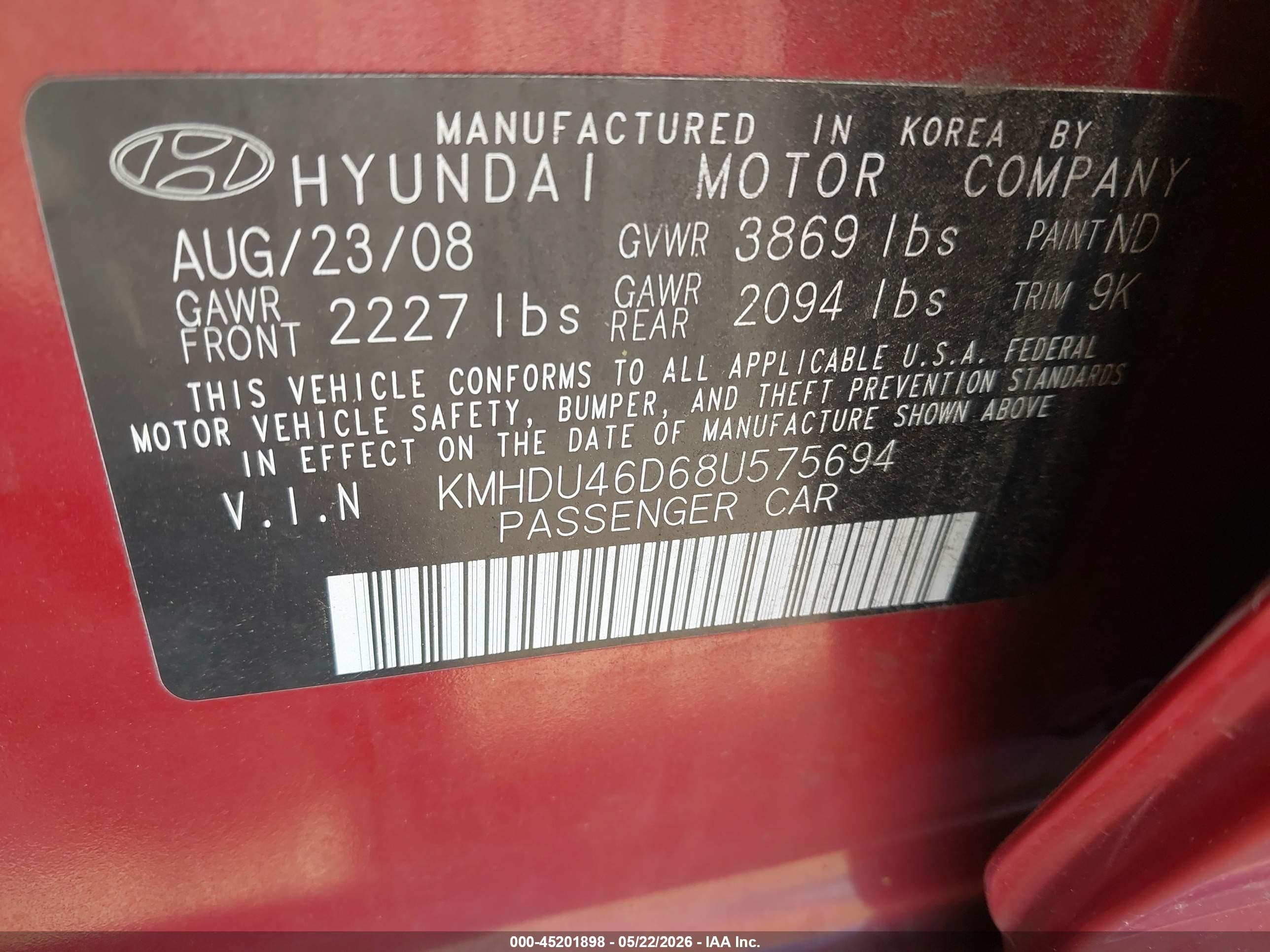 2008 Hyundai Elantra Gls/se Red vin: KMHDU46D68U575694