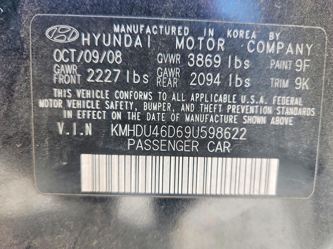 2009 Hyundai Elantra Gls Black vin: KMHDU46D69U598622