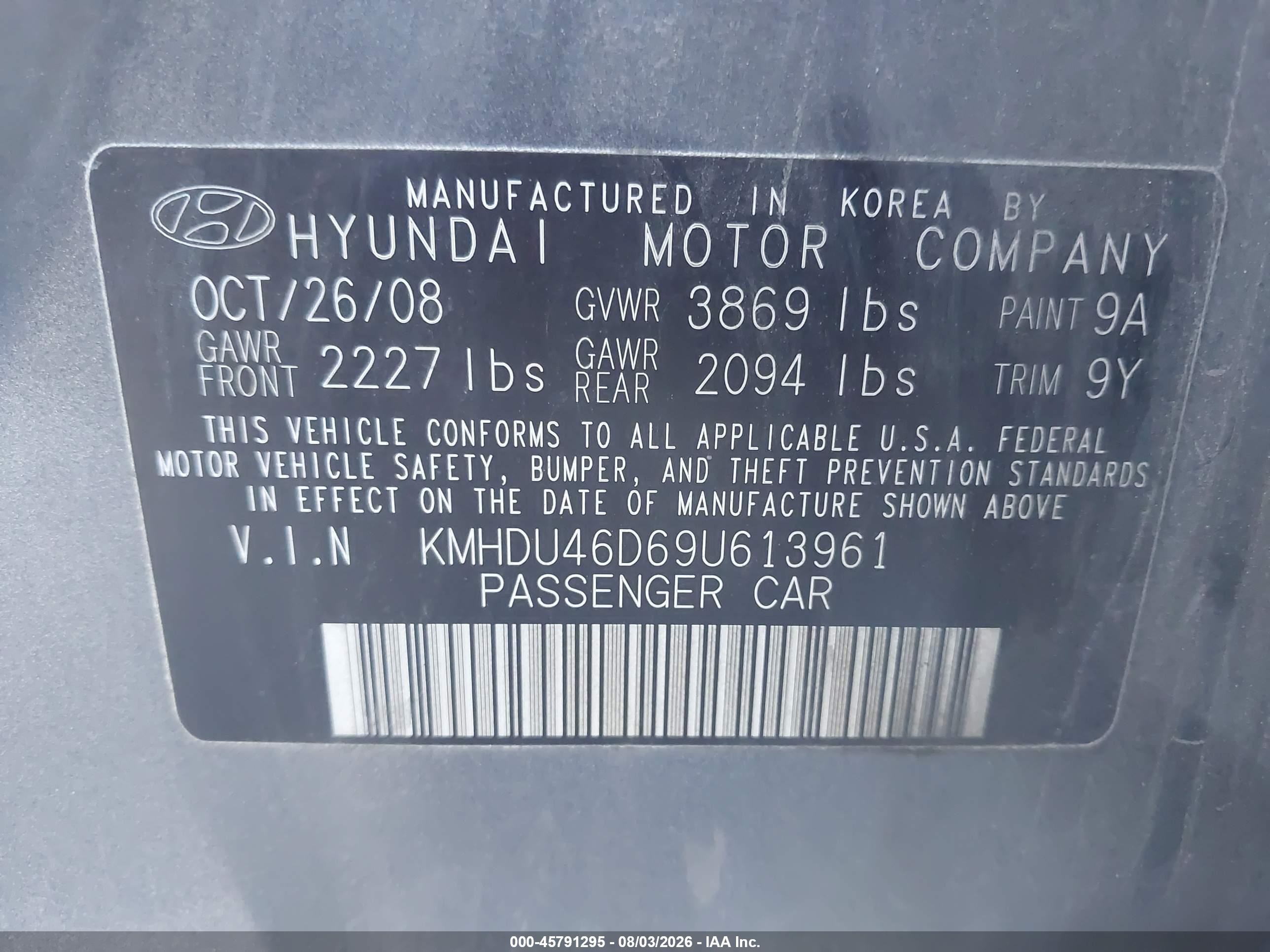2009 Hyundai Elantra Gls Gray vin: KMHDU46D69U613961