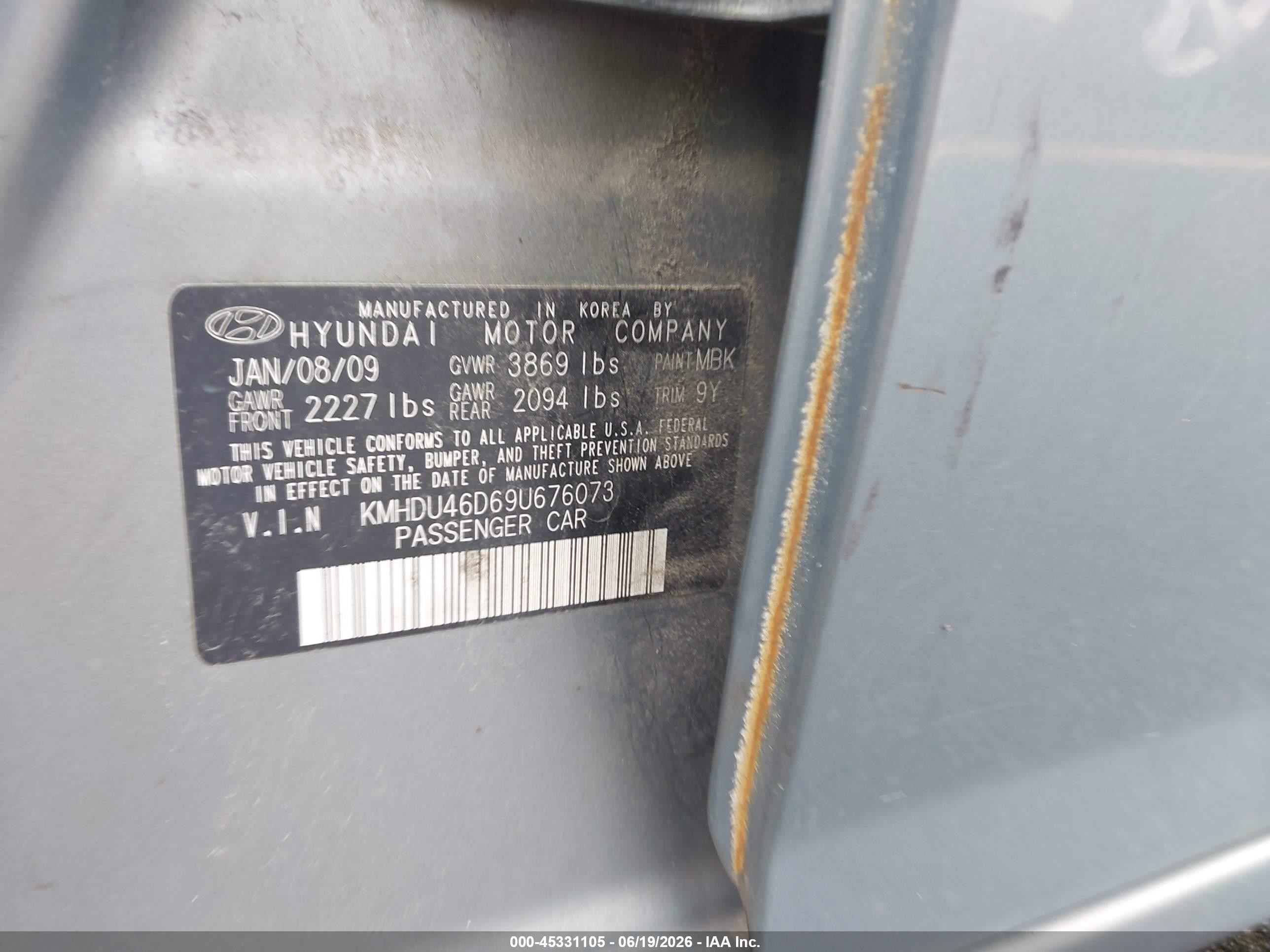 2009 Hyundai Elantra Se Gray vin: KMHDU46D69U676073